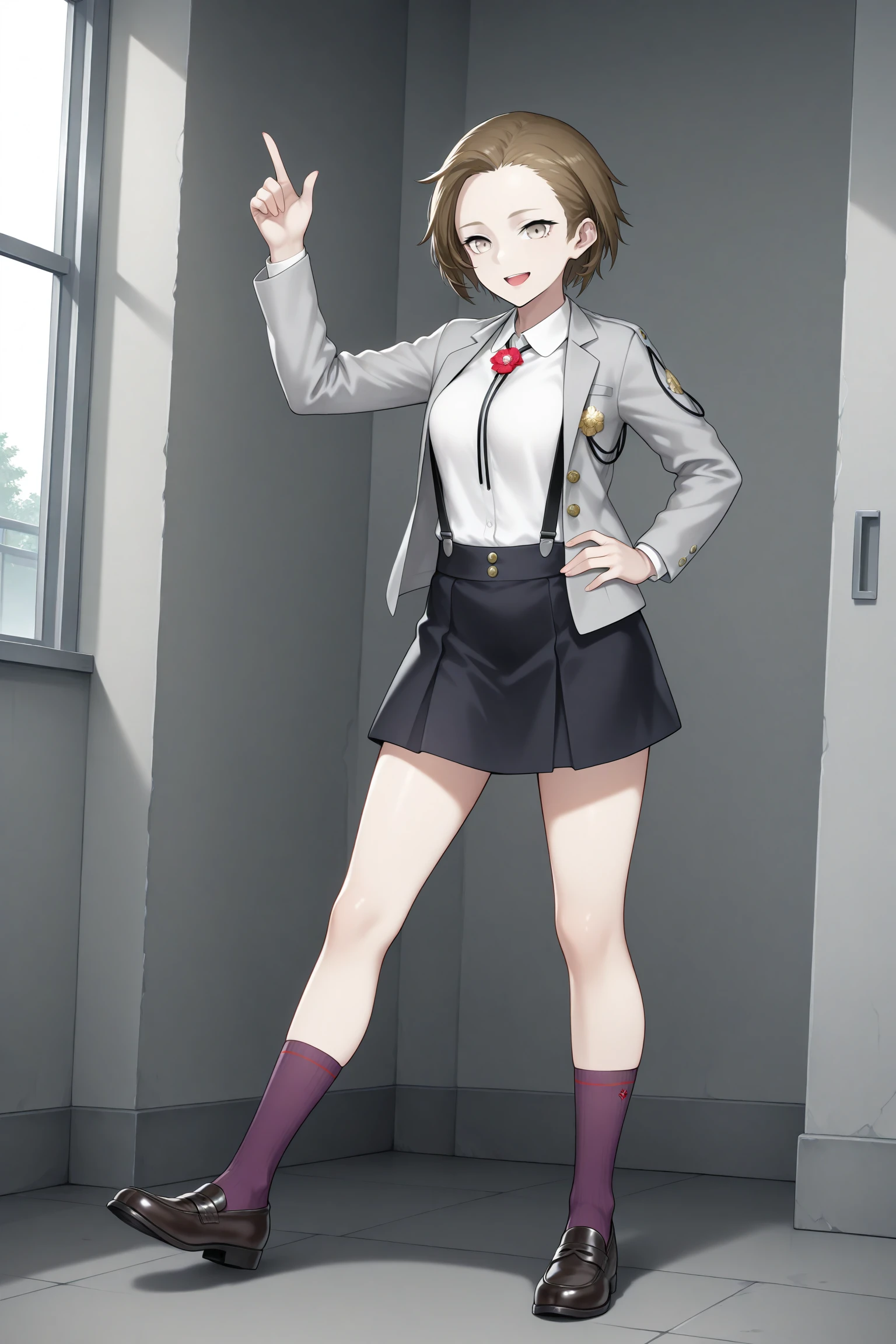 masterpiece, best quality, amazing quality, highres, absurdres, very aesthetic, high resolution, ultra detailed, perfect details, 1girl, indoors, medium breasts, caligula female protagonist, short hair, brown hair, brown eyes, school uniform, long sleeves, grey jacket, open jacket, white shirt, medal, flower, suspenders, black skirt, pleated skirt, miniskirt, purple socks, loafers, <lora:Caligula_Female_Protagonist:0.8>, (full body:0.8), smile, open mouth, (pointing up:1.5), (outstreched arm:1.5), index finger raised, hand on own hip, standing