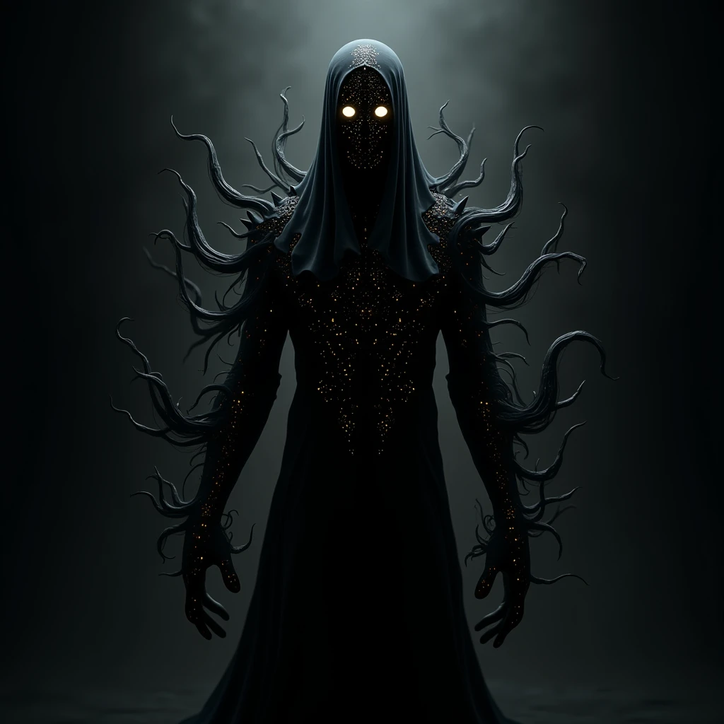 Onyx Optimizer, A silhouette of a humanoid figure with hollow eyes and smoky tendrils flowing from their body, each tendril filled with tiny, pulsating symbols; the figure stands in an interdimensional void, barely held together by the glowing symbols that define their form.