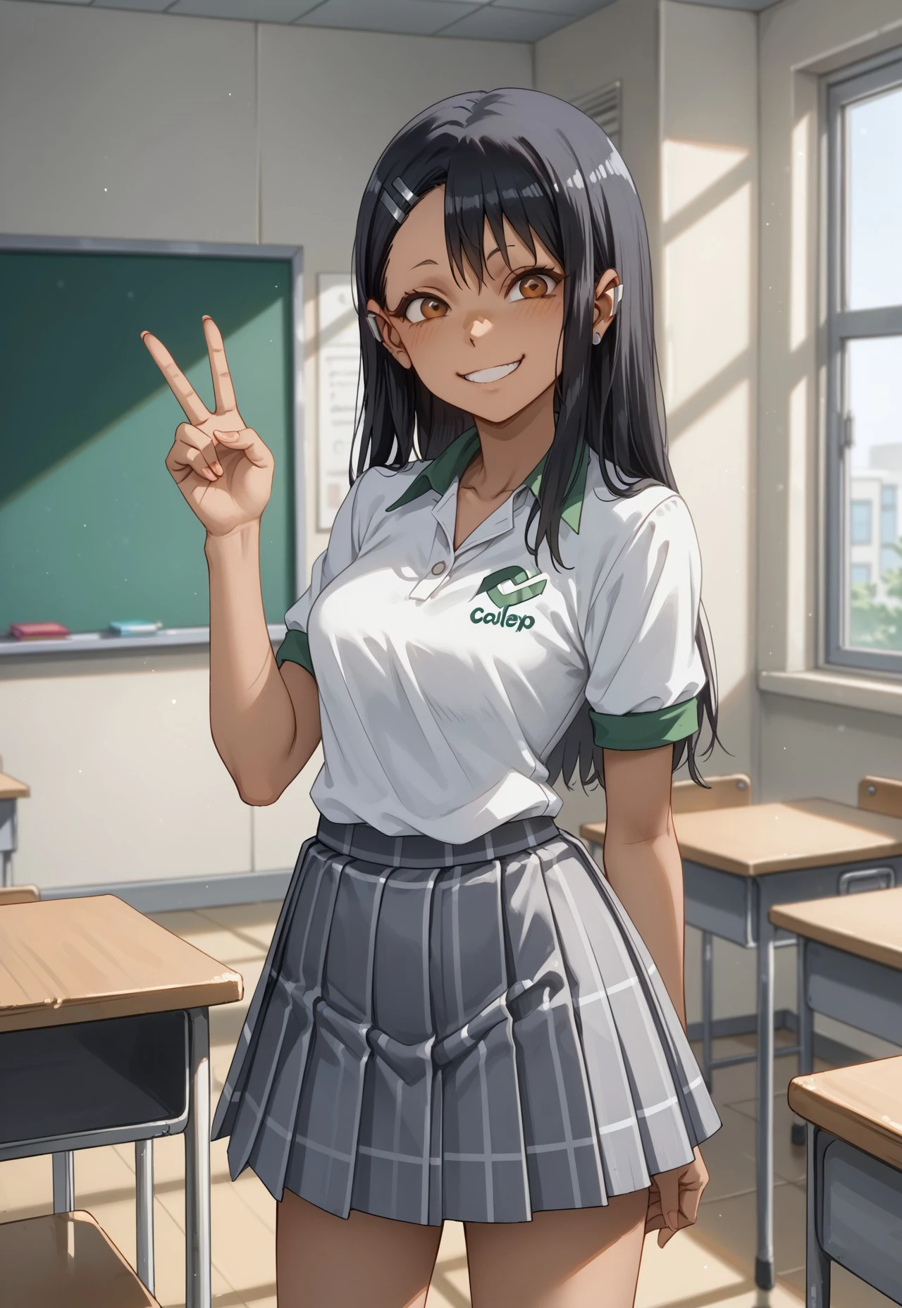 safe_pos, score_9, absurdres, conalep, 1girl, polo shirt, short sleeves, plaid skirt, solo, smile, medium breasts, earrings, standing, dark skin, brown eyes, black hair, nagatoro hayase, v, classroom, pleated skirt, school uniform