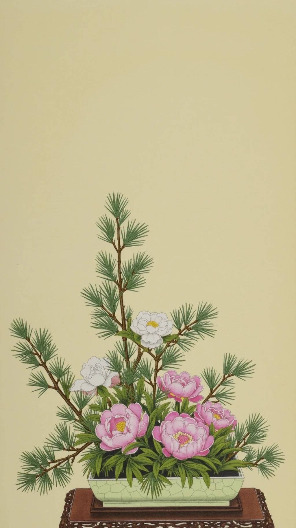 A traditional Chinese still life painting, with central composition, featuring delicate pink peonies in full bloom nestled among green pine needles, accented by cascading white camellia branches with glossy leaves, arranged in a celadon crackle-glazed vessel with rectangular form, positioned in middle of carved rosewood stand, watercolor art style, beige background, balancing strength and gentleness