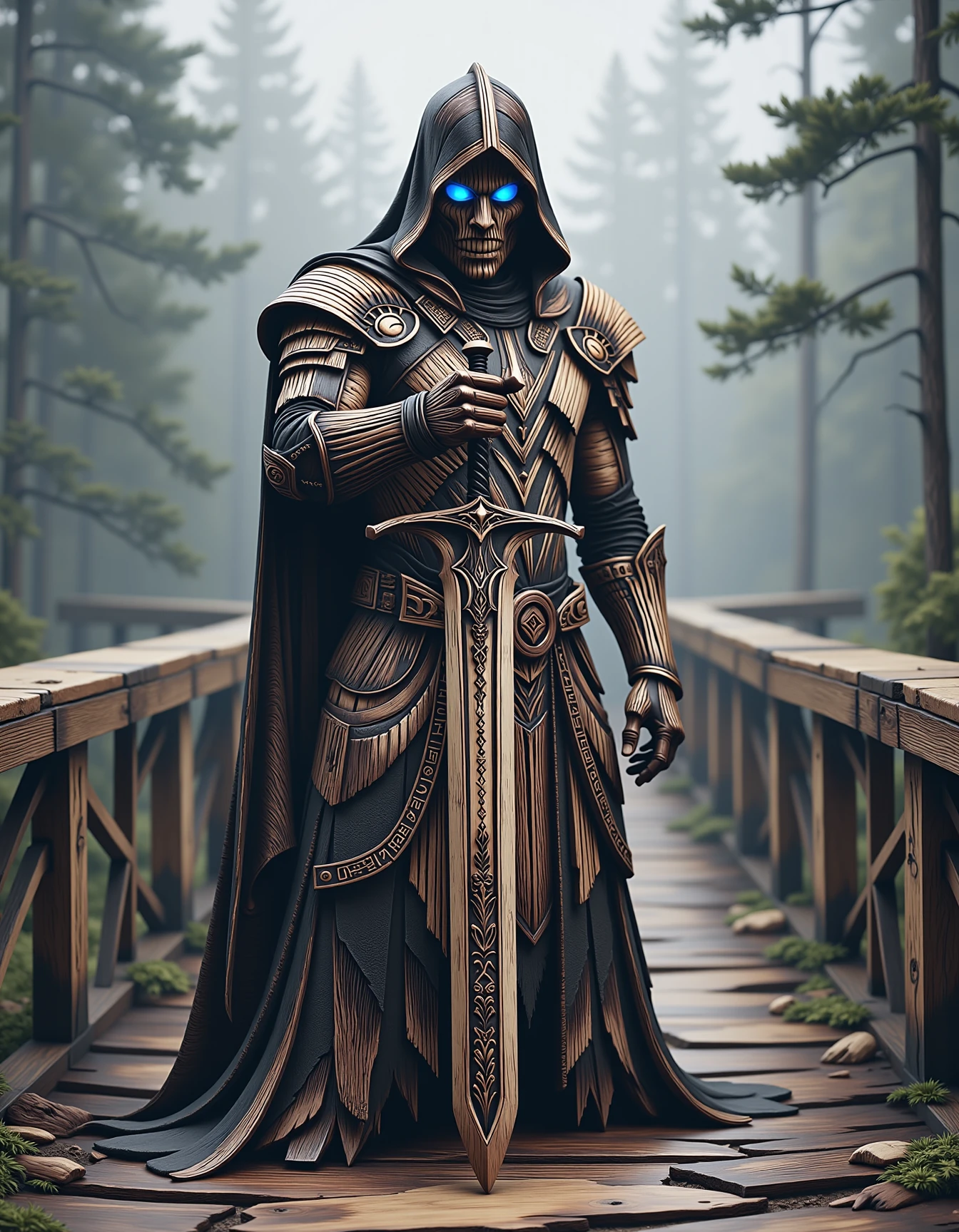 An abyssal knight, draped in tattered, dark armor that pulses with a faint, eerie glow, stands on a creaking wooden bridge. He points the tip of a massive, rune-etched sword menacingly at the camera, the blade crackling with dark energy. Shadows swirl around him, and the misty air is thick with tension. Blue flames flicker within his hollow eyes, reflecting the bridge's warped, splintered planks, over the sword camera view
<lora:dvr-pyro-flux:1> dvr-pyro-flux