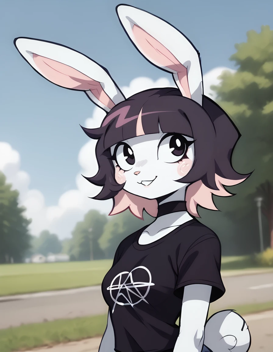 outdoors,detailed background,
Bubny,1girl,solo,rabbit girl,bangs,black hair,short hair,rabbit ears,multicolored hair,blunt bangs,furry female,black eyes,pink hair,purple hair,choker,rabbit girl,two-tone hair,rabbit tail,animal nose,
headshot,smile,long eyelashes,
denim shorts,thighhighs,black t-shirt,
<lora:Bubny_v01_PDXL:1>,