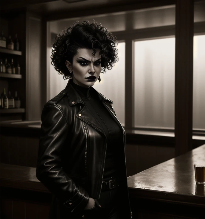 A portrait, a skinny old woman, curly white short spiked hair, thin face, sunken jaws, black lipstick, excessive makeup, wearing an over-sized leather coat, standing in an old bar, ugly, moody light, dramatic shadows, rim lighting, highly detailed, tough, angry, biker lady