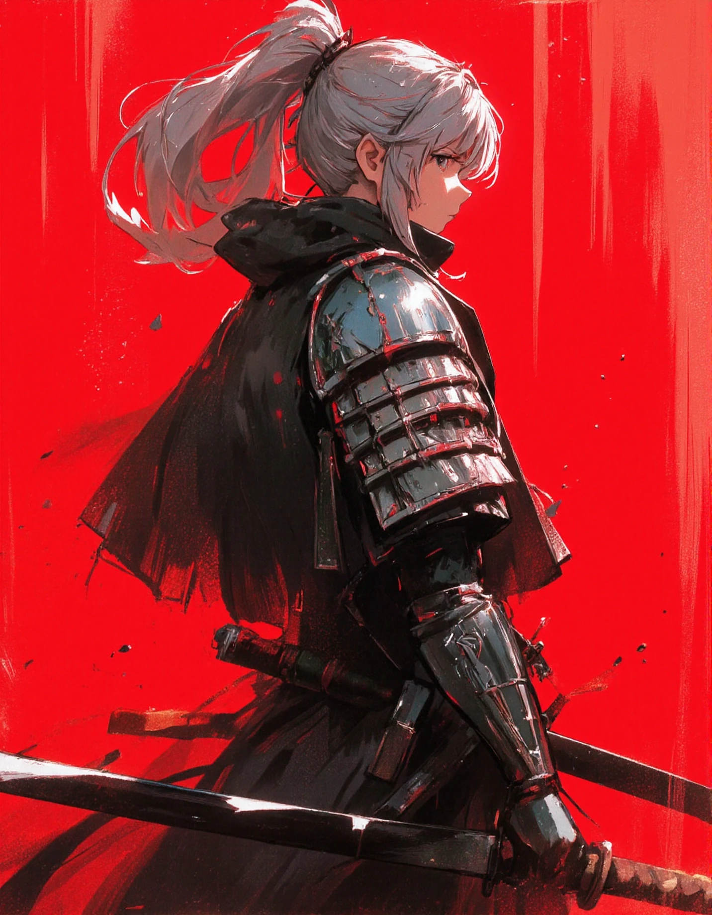 Foreground: A formidable samurai girl stands with her body slightly turned, the profile of her strong figure defined against the blazing red backdrop. Her silver hair, long and untamed, cascades over one shoulder, half-covering an intense gaze that promises both a warrior's ferocity and a hint of untold sorrow.
Midground: Starkly contrasting against the red, her intricate armor gleams faintly with an underlying silver tone, the steely colors complemented by a few deep crimson accents that echo the background. In her grip is a katanaâblade drawn and gleaming, a silent testament to her readiness for battle.
Background: The red hue envelops everything, a symbol of the passion, blood, and honor inherent to the way of the samurai. It serves to cast a dramatic setting, one where the ethereal beauty of the silver-haired fighter takes on an otherworld nature as if she is part of a legend, timeless and fierce.
 <lora:dnstl2:1>, realistic, highly detailed, loose brushwork, analog style, subsurface scattering, masterpiece, emotional, dynamic