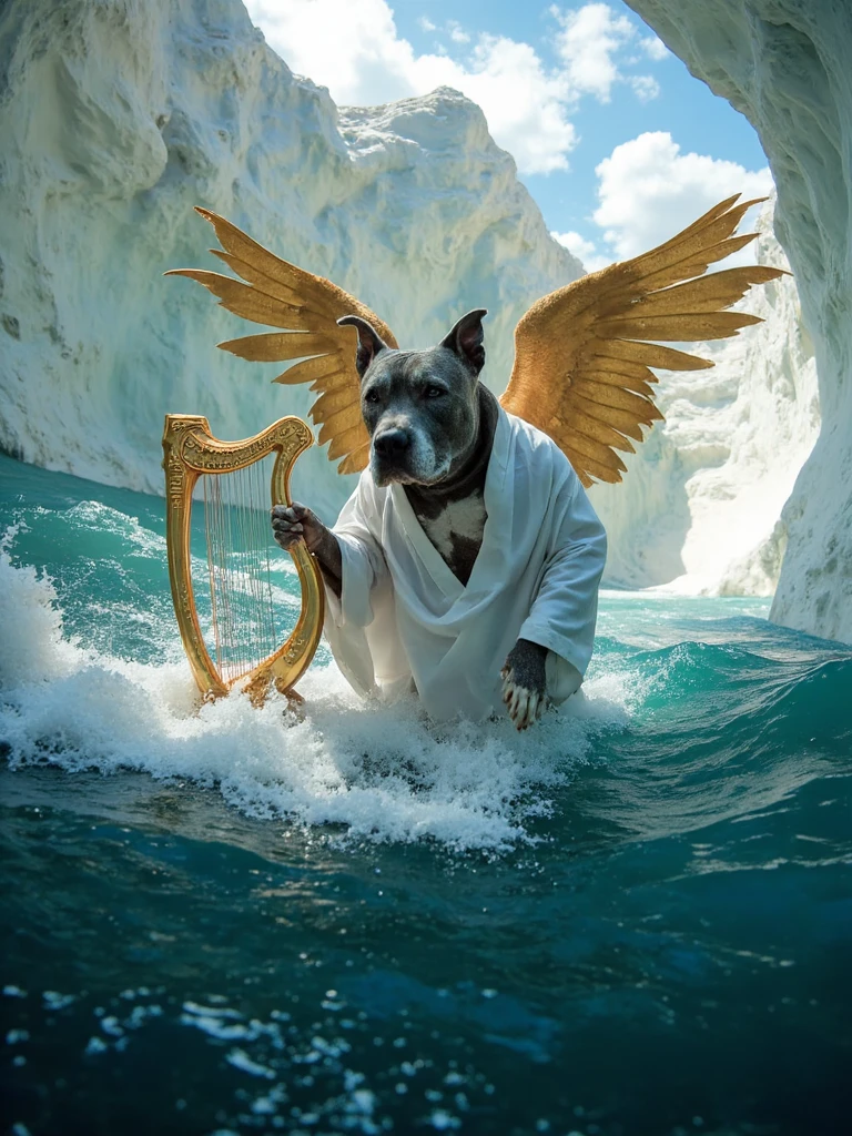 undrwtr, floating angelic gray pitbull dog, underwater haut couture photography, Off-center composition, full body with slight upward angle, The image is a digital art piece that appears to be a surreal scene of a dog standing in the middle of a large wave. The dog is facing the viewer wearing a white robe and majestic golden angel wings. The gleaming robe is flowing in the wind while he holds a gold plated harp. The wave is a deep blue-green color, with white foam at the bottom. The waves are curving around the dog, creating a sense of depth and movement. The background is a white, wavy tunnel-like structure that extends into the distance. The overall mood of the image is dreamlike and ethereal,cinematic photo
