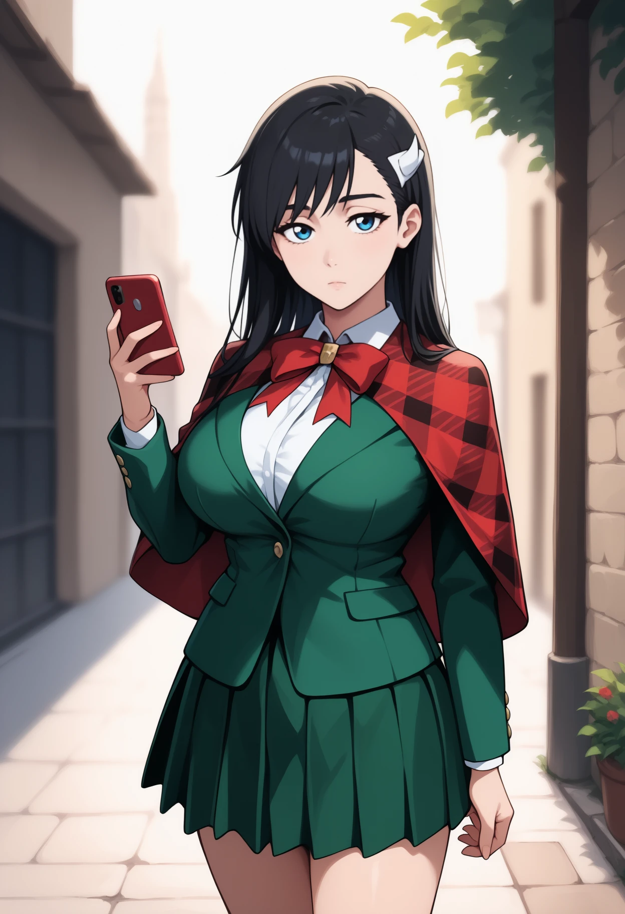 masterpiece, best quality, <break> solo, 1girl, niihashi noel, expressionless, looking at viewer, standing, holding phone, black hair, hairclip, red capelet, plaid, green jacket, long sleeves, white shirt, collared shirt, red bow, green skirt, pleated skirt, large breasts, outdoors, london
<segment:yolo-face_yolov8m.pt,0.4,0.5//cid=1>