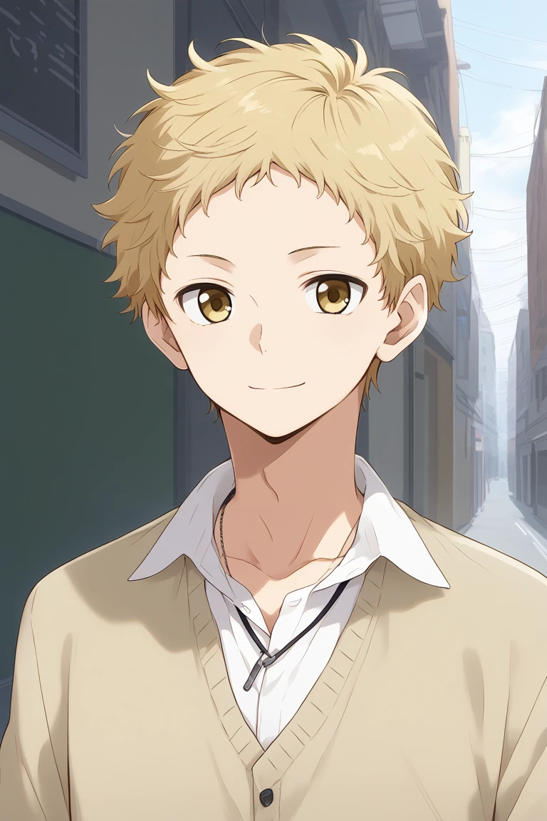 1boy,solo,male focus,tsukishima kei,blonde hair,short hair,yellow eyes,light smile,street,necklace,collared shirt, plied shirt