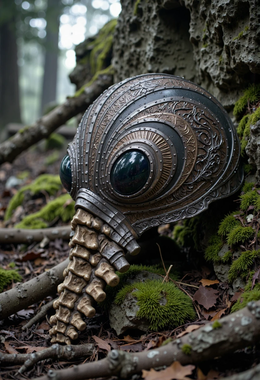 portrait, photorealistic photo close-up image of DrmsHlm helmet with intricate carvings, leaning against a moss-covered stone in a dense, misty forest. Ultra sharp detail, flawless composition, muted natural colors, High Definition HD, ancient aesthetic, cinematic lighting, perfect outdoor realism, bokeh.(photography, high-resolution, dynamic, energetic,hyper-realistic, dramatic lighting, shallow depth of field.). High Detail, Perfect Composition, realistic photographic image, interesting backlighting<lora:CustomFlux/DrmsHlm.safetensors:1.0:1.0> <lora:CustomFlux/MysticRealism.safetensors:1.0:1.0>