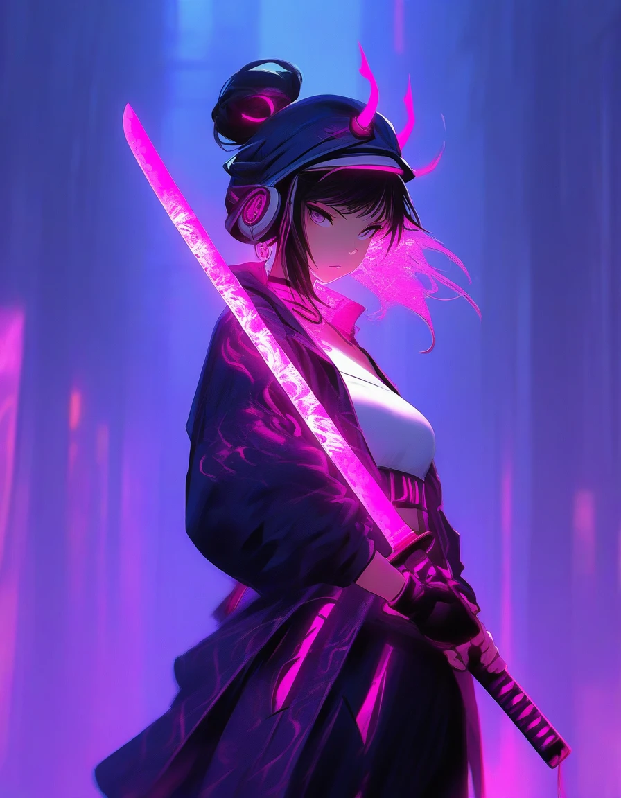 masterpiece,   <lora:Urban_Samurai:1> urban samurai, pink katana, chromatic aberration, colorful, bright colors,