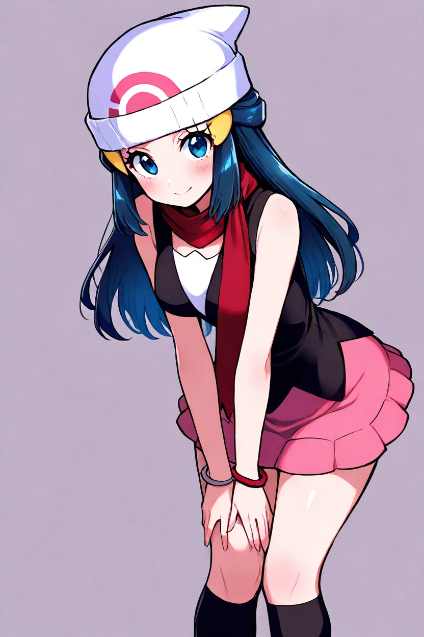 masterpiece, best quality, absurdres, medium breasts, (curvy), cute, eyelashes, vivid colors, BREAK, ,,, , ,,, zzDawn, blue hair, blue eyes, sidelocks, long hair, bare shoulders, beanie, black shirt, black socks, bracelet, hat, jewelry, kneehighs, miniskirt, pink skirt, red scarf, scarf, shirt, skirt, sleeveless, sleeveless shirt, white headwear, <lora:DawnPokemonIXL_e07:1.0>, ,,, , ,,, smile, looking at viewer, ,,, smile, looking at viewer, leaning forward, head tilt, blush,