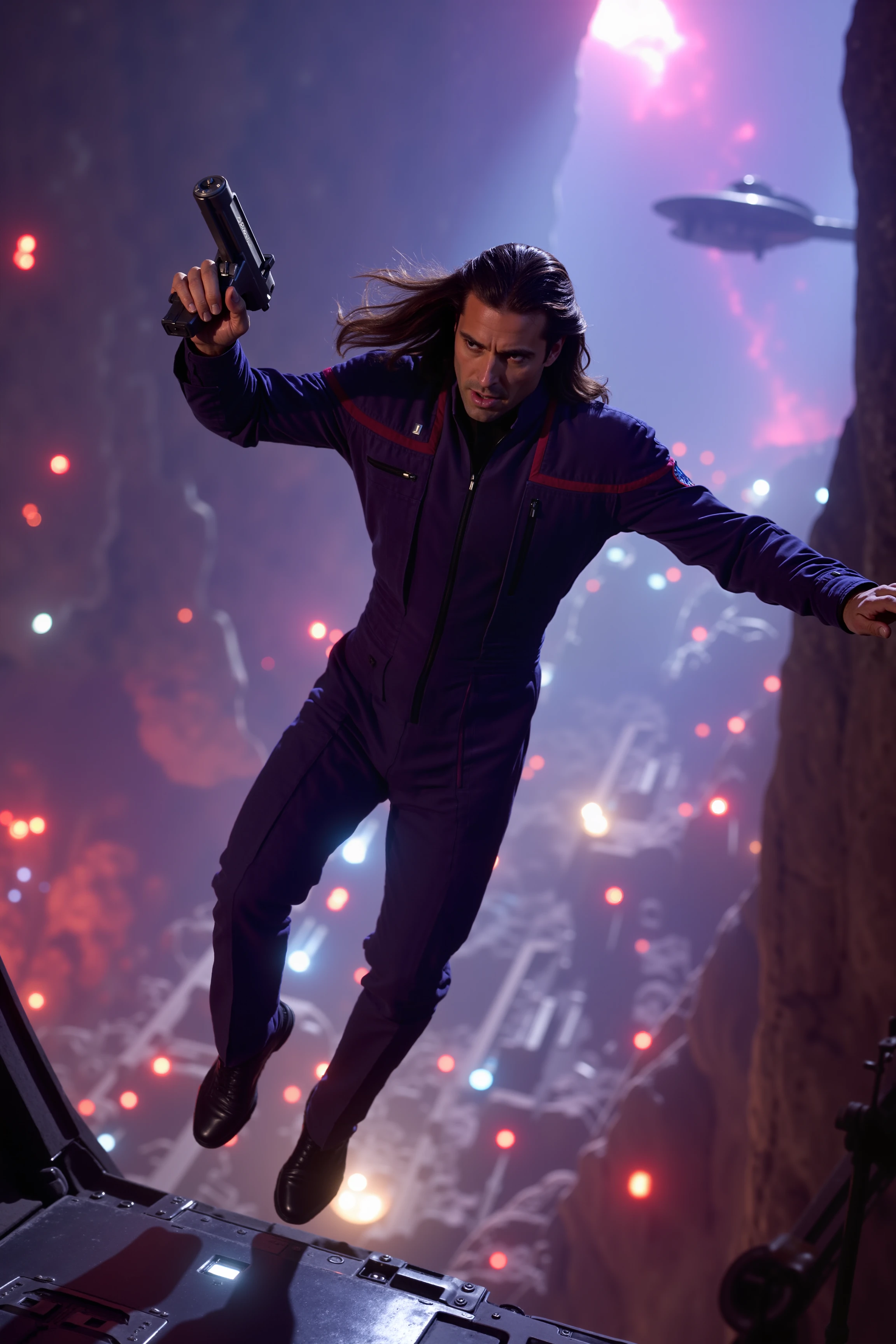 A high-quality photo of an action-packed scene featuring a long-haired man in in a navy blue stentps uniform with red lines. The man is in mid-action, leaping from a futuristic spacecraft onto a bustling, high-tech alien planet. His long hair flows dramatically behind him, enhancing the sense of dynamic motion. He is caught in a moment of intense action, with one hand gripping a futuristic phaser and the other reaching out to steady himself. The red uniform is sharply detailed, with vibrant colors and sleek, high-tech elements that contrast vividly against the backdrop. The alien planet features an array of glowing, exotic vegetation and structures, with a distant starship and vibrant nebulae visible in the sky. The scene is filled with dramatic lighting and shadows, capturing the excitement and intensity of the moment. The high-resolution photo emphasizes the fluidity and energy of the action, showcasing the character's bravery and the high-tech environment.<lora:STEntps_FLUX:1.2>