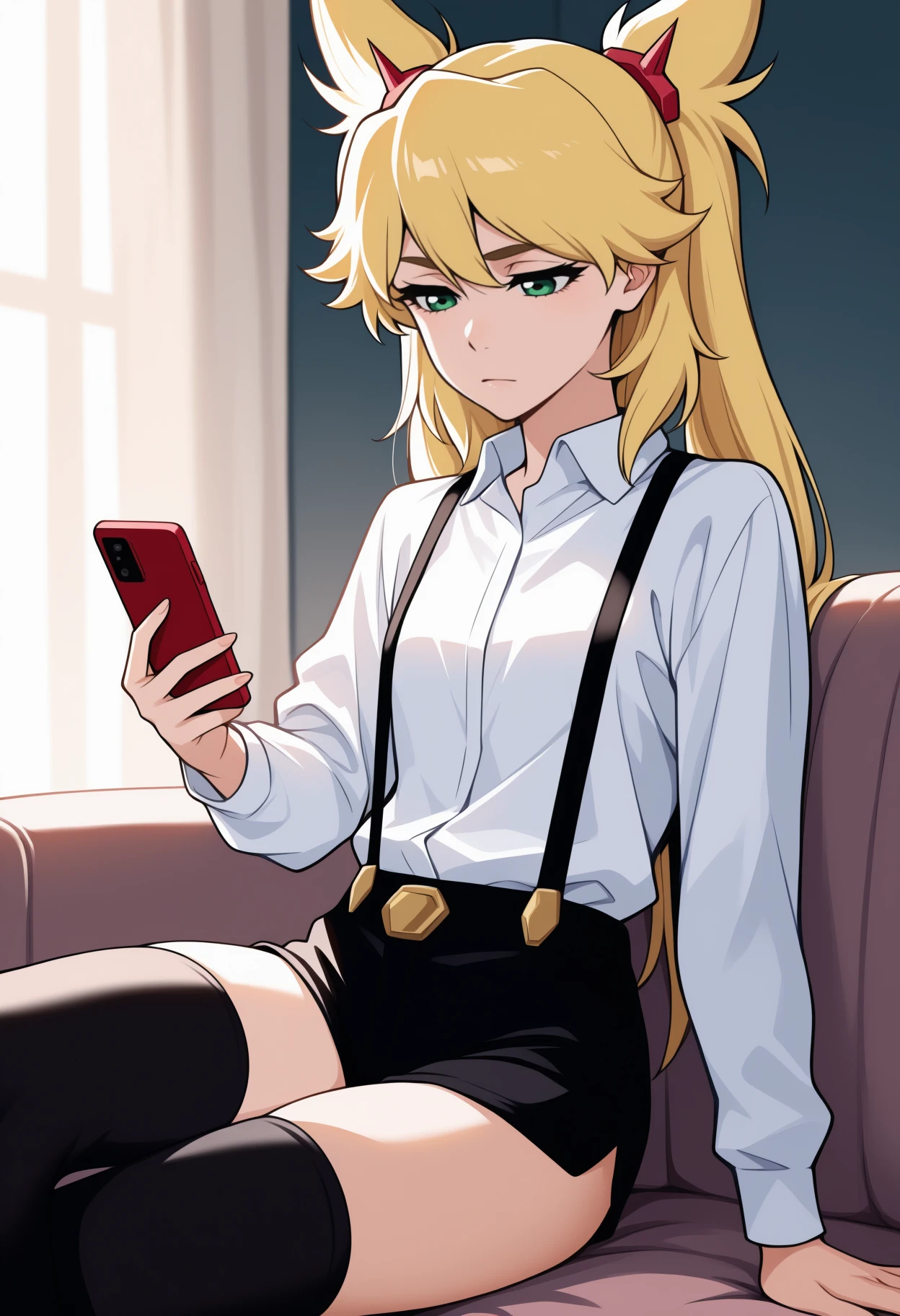 masterpiece, best quality, <break> solo, 1girl, ninny spangcole, expressionless, looking at phone, sitting, couch, holding phone, twintails, hair ornament, white shirt, collared shirt, long sleeves, suspenders, black shorts, short shorts, black thighhighs, indoors, living room
<segment:yolo-Anzhc Face seg 640 v2 y8n.pt,0.4,0.5//cid=1>