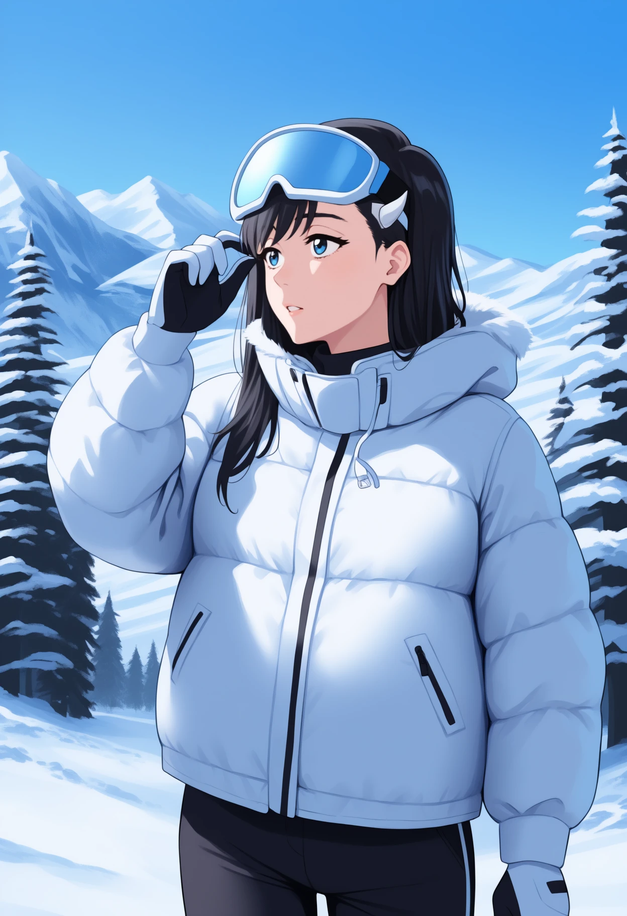 masterpiece, best quality, <break> solo, 1girl, niihashi noel, parted lips, looking away, adjusting eyewear, black hair, hairclip, ski goggles, goggles on head, white jacket, down jacket, long sleeves, two-tone gloves, white gloves, black gloves, black pants, blue sky, outdoors, nature, snow, tree, mountain
<segment:yolo-Anzhc Face seg 640 v2 y8n.pt,0.4,0.5//cid=1>