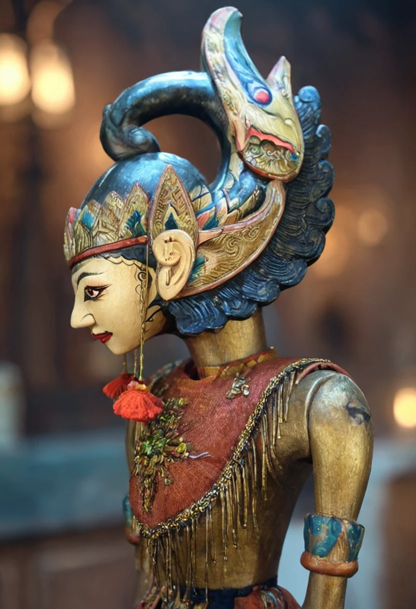 image of a decorative wooden statue, sits on its side on a table top of a surface near candles and shelves, <lora:Wayang_Golek_-_Satria_Sandrong:0.8>, wayang_golek, wayang, satria_gandrong, glossy paper, iso150,  35mm, score_9, score_8_up, score_7_up,  intricate details, Hyperrealism style, 3d, concept-art, dreaminess, psychedelic, shallow-depth-of-field, cinematic lighting, soft bokeh, very beautiful composition, Unreal, real-time 3D, Epic Games style, Unreal Engine style, 3d-rendering, vibrant contrast  depth and shadow enhanced using (Gaussian blur) for a soft background focus, (sharpen filter) applied, (color grading) to enhance contrast between warm and cool tones, (noise reduction) for a smooth, clean finish, (HDR toning) used for extra depth and detail, highly detailed dreamy background detailed skin texture, subsurface scattering award-winning, professional, highly detailed . dreamlike, mysterious, provocative, symbolic, intricate, detailed, hyper-detailed, masterpiece, award winning, midjourneyv6.1