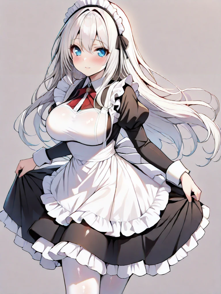 (masterpiece,ultra-detailed,best quality,8K,CG:1),illustration,(cute face,clean skin ,shiny hair,ultra-detailed-eyes:1),1girl,large breasts,simple background , <lora:maid classic_illustrious_V1.0:1> maid, maid apron, maid headdress, puffy sleeves, pantyhose