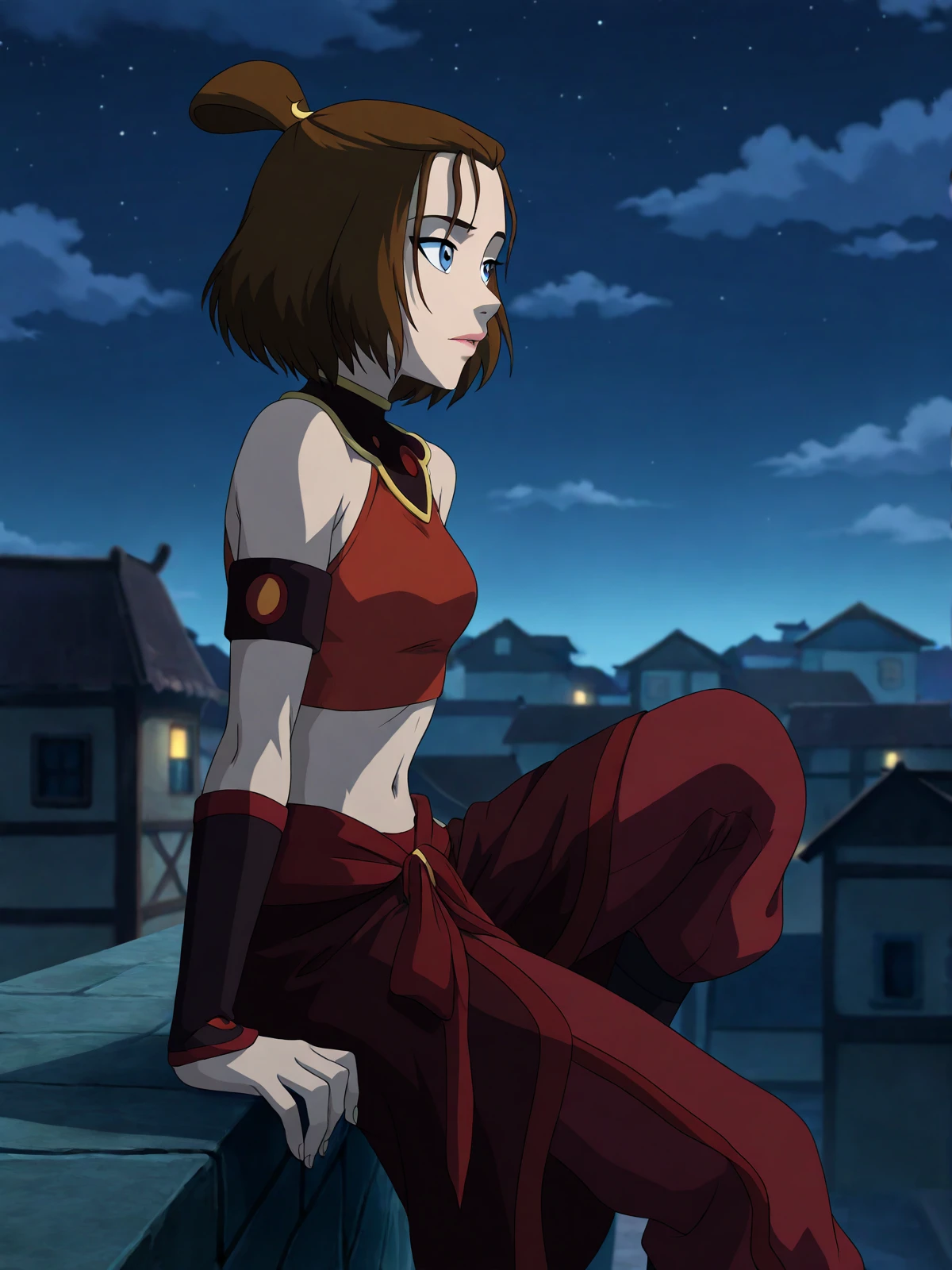 masterpiece, best quality, anime coloring
BREAK
suki \(avatar\), brown hair, short hair, topknot, blue eyes, red crop top, red skirt, red pants, midriff, armband, bare shoulders
BREAK
1girl, solo, sitting, on wall, from side, town, night sky, cloud
<lora:suki_nai-eps-sv_fro-0.98-16-16:1>