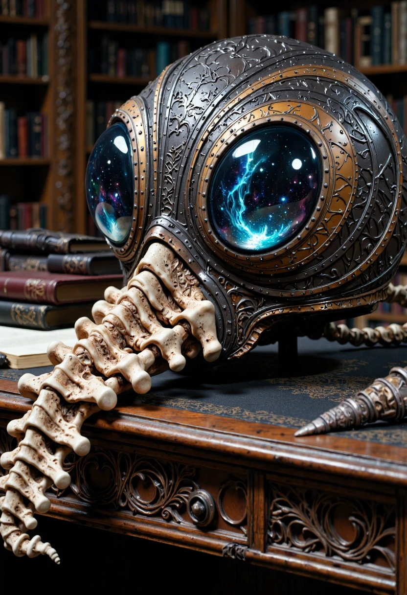 extreme close-up, detailed photograph of a DrmsHlm helmet laying sideways on a wooden desk. The focus is on the two huge large, glowing glass eyes revealing swirling cosmic patterns framed by intricate engravings, casting a mysterious glow. The long segment that resemble the bone structure of a scorpion tail with a pointy tip is partially visible, showcasing the very strange bone texture. The background is blurred, consisting of an old library with scattered books.<lora:CustomFlux/DrmsHlm.safetensors:1.0:1.0> <lora:CustomFlux/MysticRealism.safetensors:0.5:0.5> <lora:CustomFlux/MysticFantasy.safetensors:0.5:0.5>