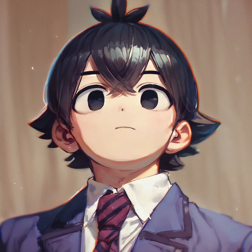 (masterpiece), score_9, score_8_up, score_7_up, score_6_up, score_5_up, score_4_up, 1boy, solo, Kometani, black hair , black eyes, striped necktie, school uniform, looking at viewer, :>