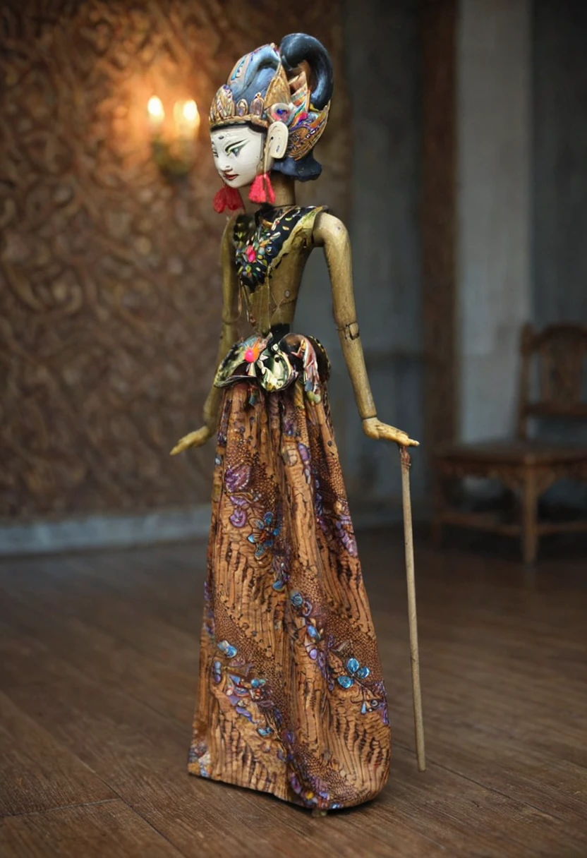 full body, <lora:Wayang_Golek_-_Satria_Sandrong:0.8>, wayang_golek, wayang, satria_gandrong, glossy paper, iso150,  35mm, score_9, score_8_up, score_7_up,  intricate details, Hyperrealism style, 3d, concept-art, dreaminess, psychedelic, shallow-depth-of-field, cinematic lighting, soft bokeh, very beautiful composition, Unreal, real-time 3D, Epic Games style, Unreal Engine style, 3d-rendering, vibrant contrast  depth and shadow enhanced using (Gaussian blur) for a soft background focus, (sharpen filter) applied, (color grading) to enhance contrast between warm and cool tones, (noise reduction) for a smooth, clean finish, (HDR toning) used for extra depth and detail, highly detailed dreamy background detailed skin texture, subsurface scattering award-winning, professional, highly detailed . dreamlike, mysterious, provocative, symbolic, intricate, detailed, hyper-detailed, masterpiece, award winning, midjourneyv6.1