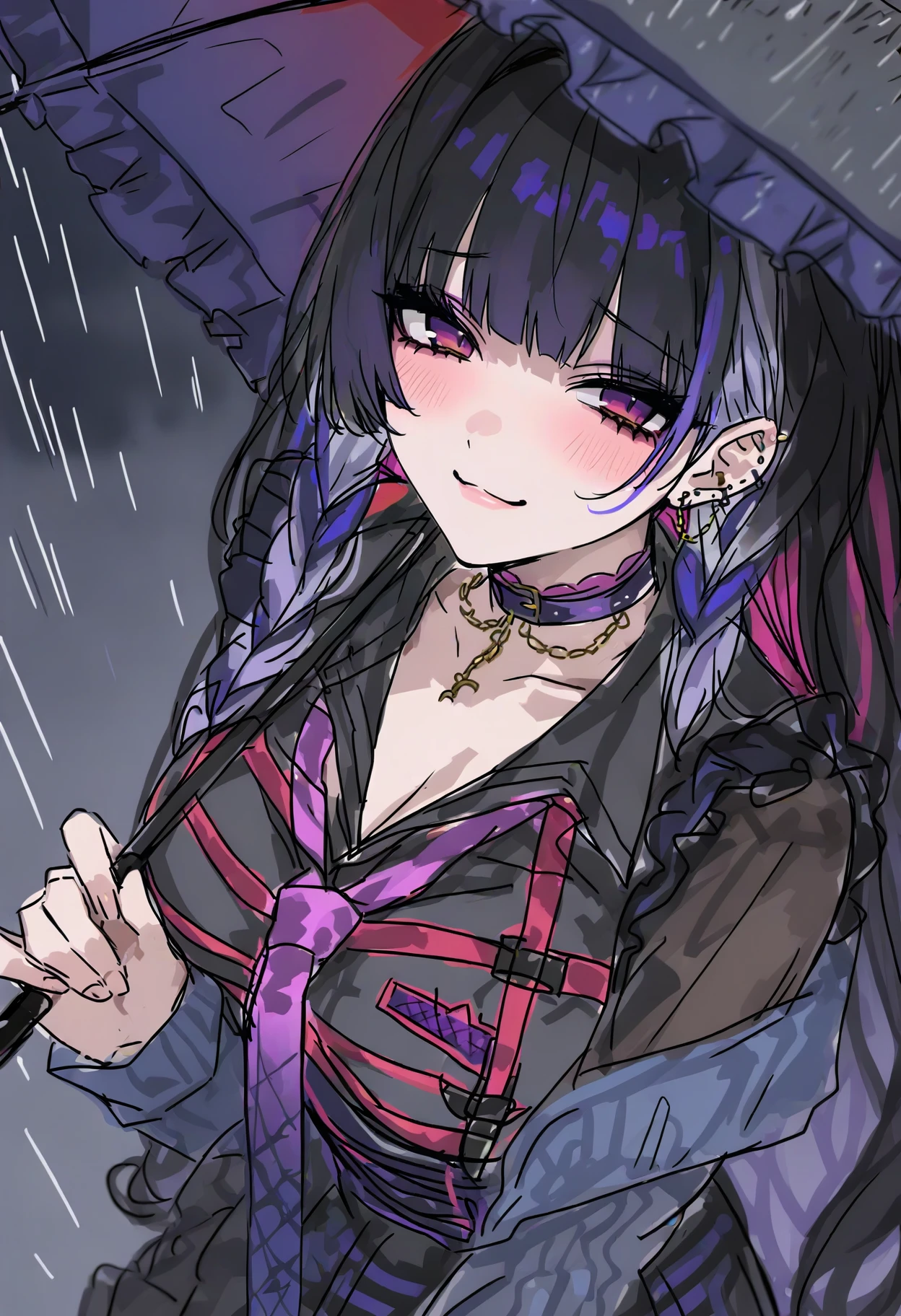 <lora:748cmSDXL:1>, best quality, masterpiece, 748cmstyle, 1girl, meloco kyoran, purple eyes, virtual youtuber, nijisanji en, holding umbrella, from above, depth of field, rain, smile, blush, sketch,