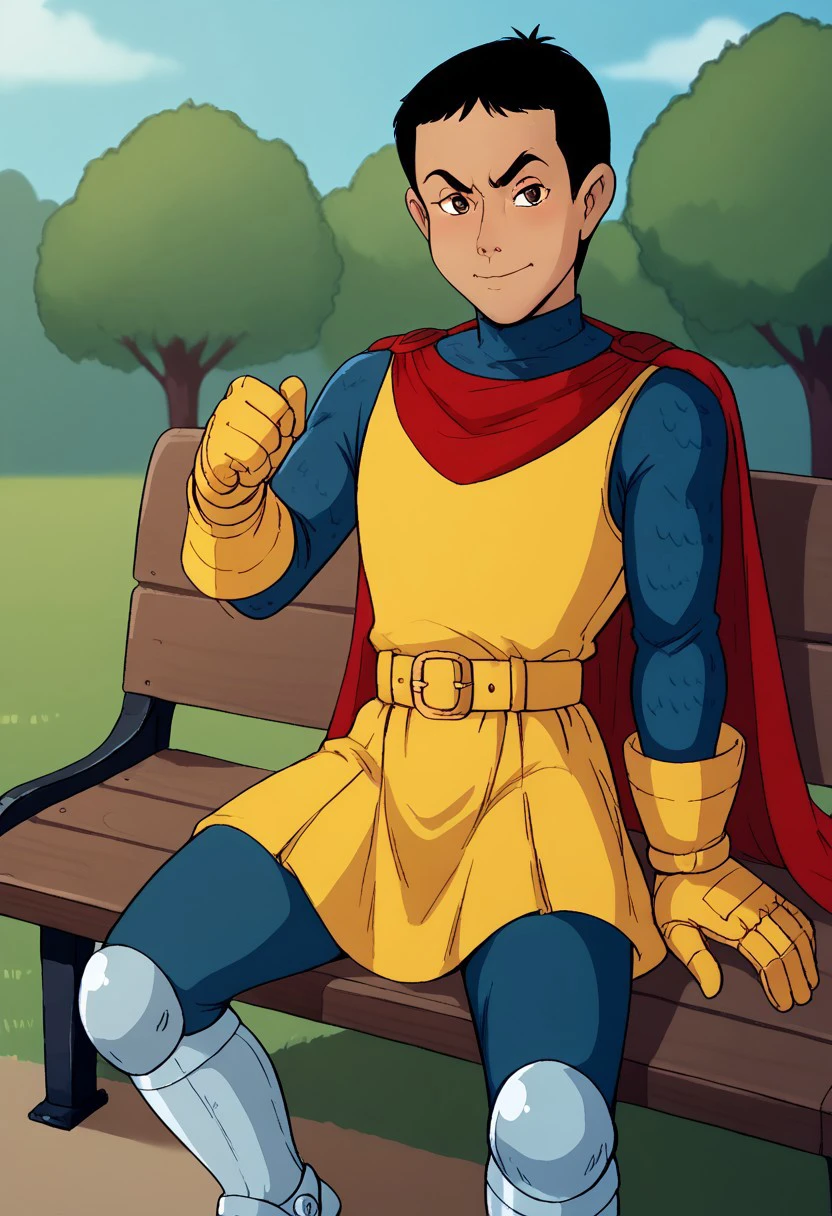 score_9, score_8_up, score_7_up, highly detailed, cute boy, 1boy, solo, ericthecavalier, black hair, Messy hair tuft, short hair, brown eyes, Yellow tunic, red cape, Chainmail Sleeves, blue gray leggings, silver greave, Gold Armor gloves, gold belt, fantasy knight design, 1boy, male focus, male, young adult, solo, CuteCartoonStyle, dynamic pose, expression, sitting, bench, park