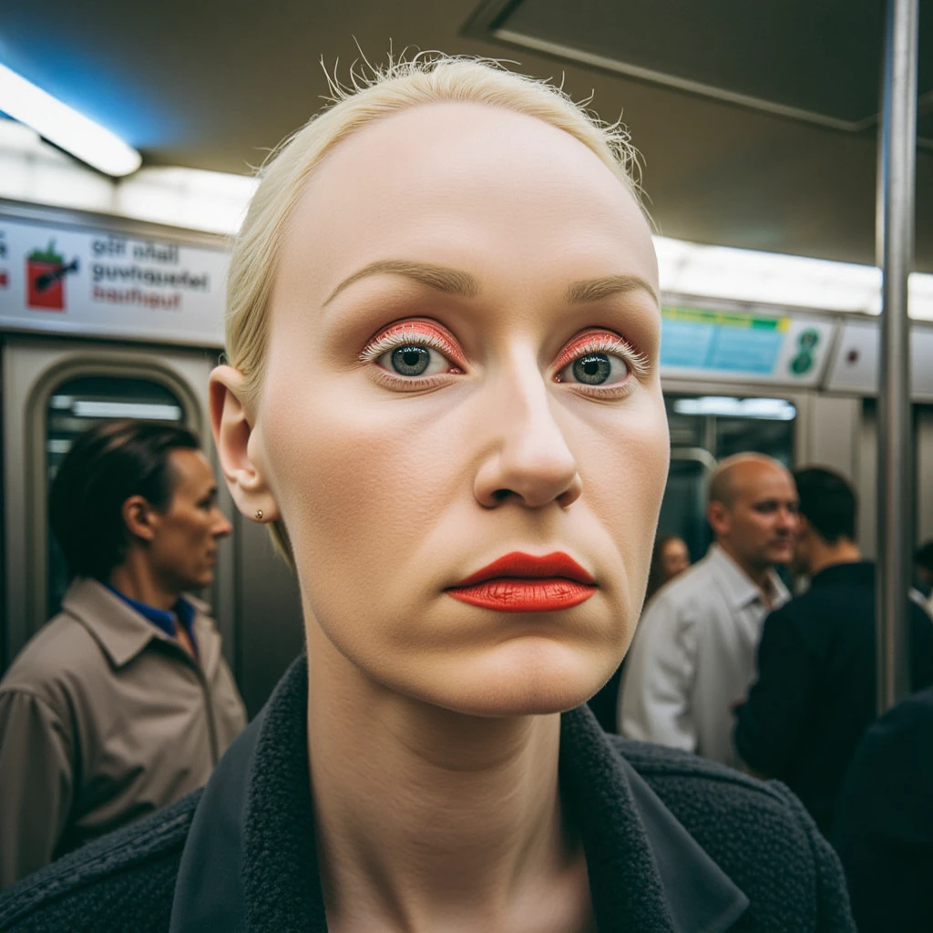 A photorealistic portrait of a platinum blonde woman in a busy subway, surreal colors and amazing constrasting vibrant collors, filled with diffused golden light filtering through the windows .The shot is captured in a wide-angle with a low perspective, creating a dreamlike contrast between the worlds. Soft pastels and muted grays set the mood. Camera Settings: Captured with a Canon EOS 5D Mark IV, 35mm lens, f/1.8, with a slight bokeh effect in the background to focus on her gaze.,florab,borsif,flobo_art, shot by Flora Borsi xD