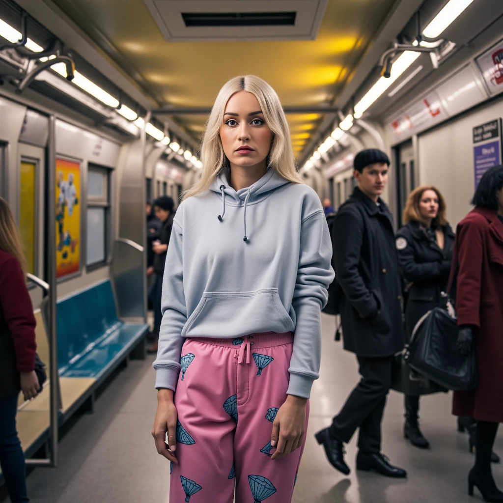 A photorealistic full body shot of a platinum blonde woman, wearing a hoodie and parachute colorful pants, in a busy subway, surreal colors and amazing constrasting vibrant collors, filled with diffused golden light filtering through the windows .The shot is captured in a wide-angle with a low perspective, creating a dreamlike contrast between the worlds. Soft pastels and muted grays set the mood. Camera Settings: Captured with a Canon EOS 5D Mark IV, 35mm lens, f/1.8, with a slight bokeh effect in the background to focus on her gaze.,florab,borsif,flobo_art, shot by Flora Borsi xD