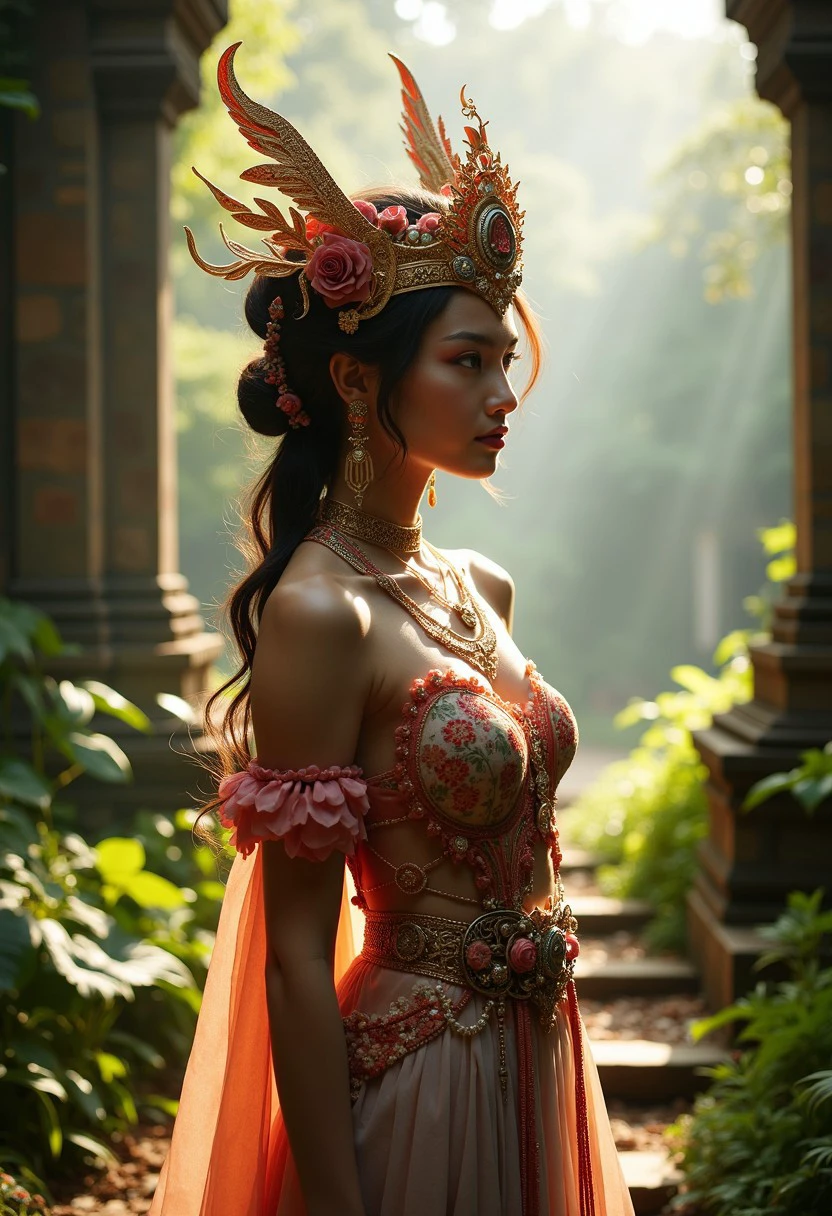 Ultra High Resolution Hyper-realistic Portrait of a majestic girl, adorned in exquisite, intricately detailed Indonesia fantasy attire, set against the backdrop of ancient, mystical temple ruins, enveloped in lush, vibrant foliage. Soft, warm sunlight casts a serene glow, illuminating her ethereal beauty, captured in the artistic style of Greg Kadel, award-winning, fantasy portrait photographer. Ultra detailed, vibrant colors, epic composition.