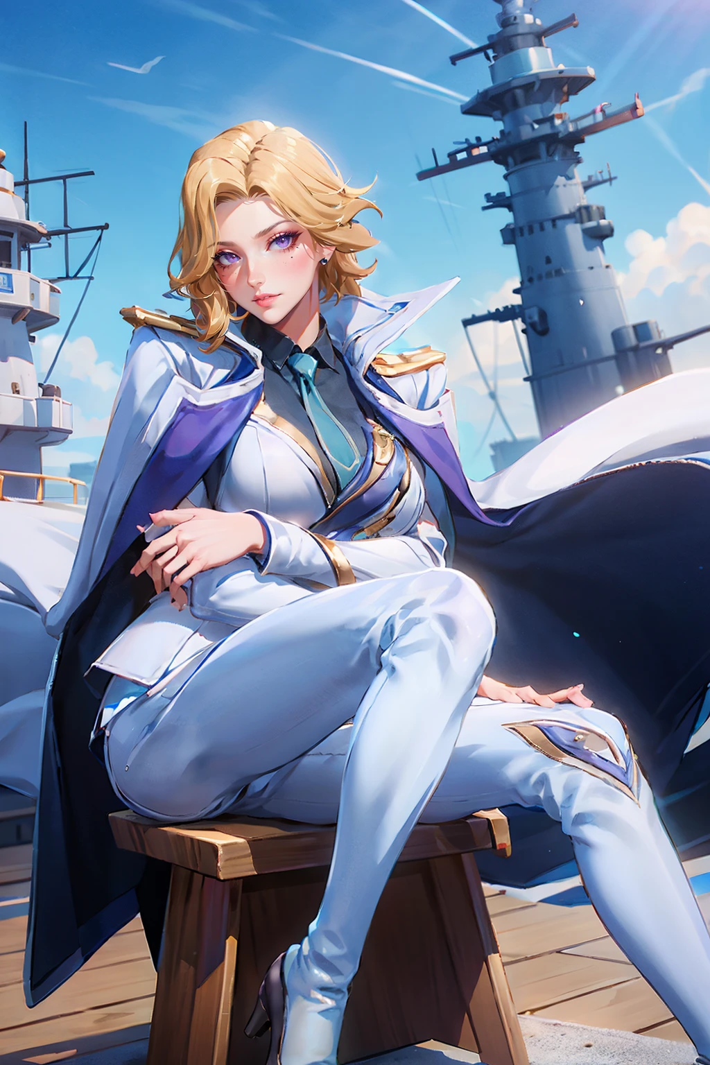 , <lora:Taara_Soldier's_Fortune_AoV_Model_LoRA:0.8>, Taara_Soldier's_Fortune, 1girl, solo, short hair, blonde hair, looking at viewer, purple eyes, mole under eye, nose, lips, parted lips, necktie, blue necktie, collared shirt, breasts, ((large breasts)), shirt, jacket, white jacket, cape, pants, white pants, thighhighs, boots, thigh boots, high heels, high heel boots, white footwear, jewelry
, barracks, warship, battle port background, sea, naval unit, sailor, best quality, ultra high res, (photorealistic:1.4), masterpiece, real life skin, hyper real