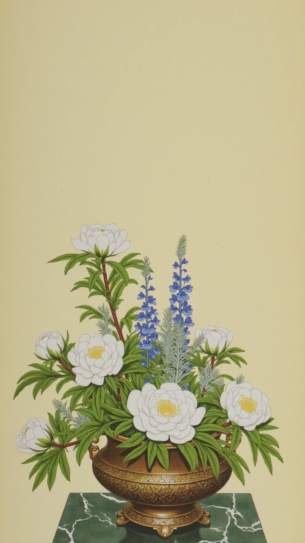 A traditional Chinese still life painting, prominently centered in composition, featuring white tree peony blooms with blue delphiniums and silvery artemisia leaves, displayed in a bronze ritual vessel with archaic patterns, resting in middle of green marble platform, watercolor art style, beige background