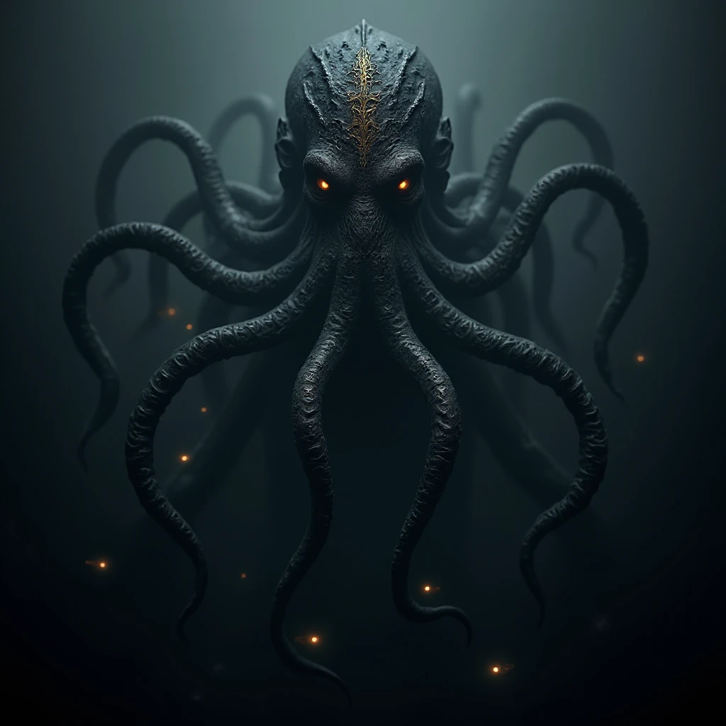 Onyx Optimizer, A serene, ancient lake shrouded in thick fog, with an enormous creature emerging from the depths, only its massive tentacles visible, each one inscribed with shimmering abyssal runes; bioluminescent fish swim around it, illuminating the dark water.