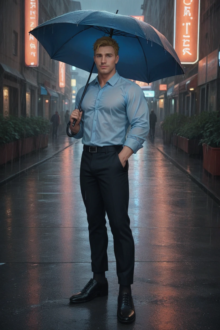 score_9, score_8_up, score_7_up, bara, blair un (1 male , blonde hair , side part hair ,  olive eyes) ,oxfords shoes , full body , standing , holding umbrella , light blue shirt , black pants , black footwear , black socks， rain , steet, neon_lights,  outdoors 