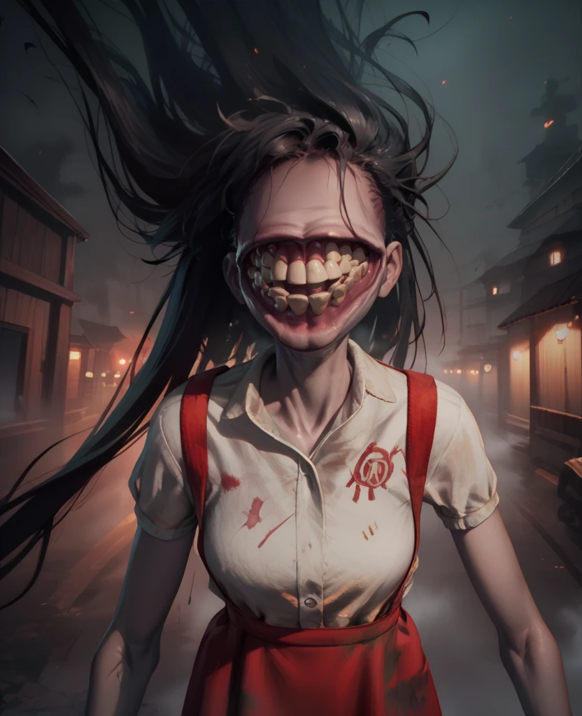 score_9,score_8_up,score_7_up,score_6_up,
lmnttnxl,big mouth,white shirt,teeth,very long black hair,floating hair,red suspender overall skirt,smile,
upper body,
horror \(theme\),
night,fog,solo,
<lora:Lamentationxl:1>,