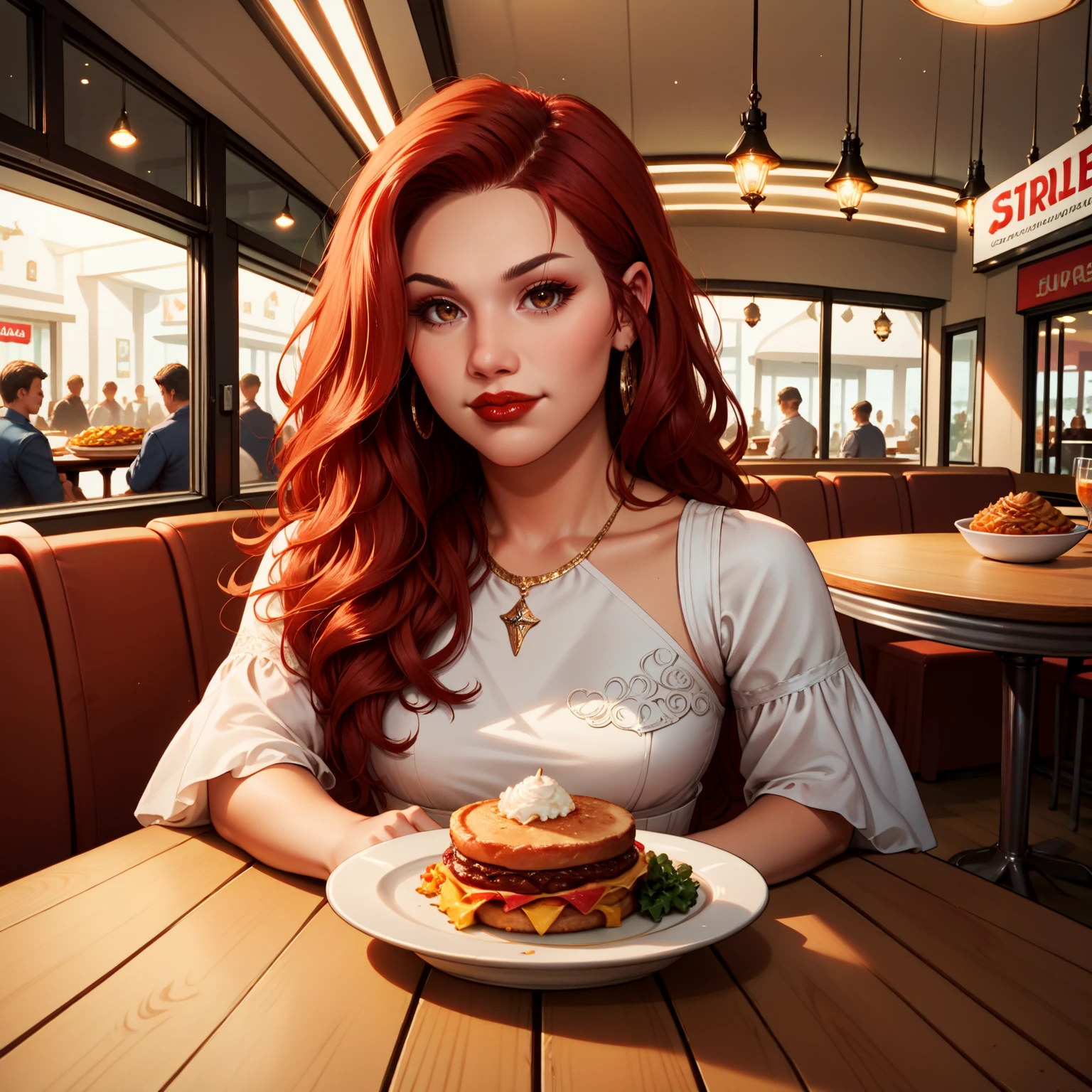 rating_safe, score_9, score_8_up, score_7_up, score_6_up, score_5_up, score_4_up, highres, incredibly absurdres, highly detailed, dim lighting, closed mouth, sitting, pov across table, restaurant, crowd, food, indoors, 1girl, solo, BREAK
datyiosry, long hair, red hair, brown eyes, white dress, red lips, looking at viewer, jewelry
<lora:Daisy_Taylor:0.6>