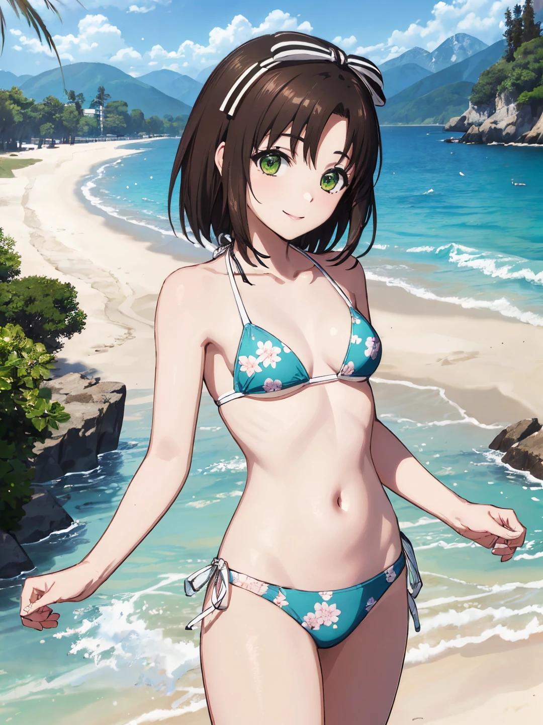 <lora:Saegusa_Izumi_0R:0.7>
saegusaizumi, brown hair, medium hair, green eyes, white hair ribbon
black bikini, swimsuit, floral print
masterpiece, best quality, ultra-detailed, detailed, detailed skin, absurdres, 8k, digital art
1girl, solo, facing viewer, standing, looking at viewer, smile, standing, cowboy shot
(outdoors, beach, ocean, mountain, city, sky, cloud, sun)