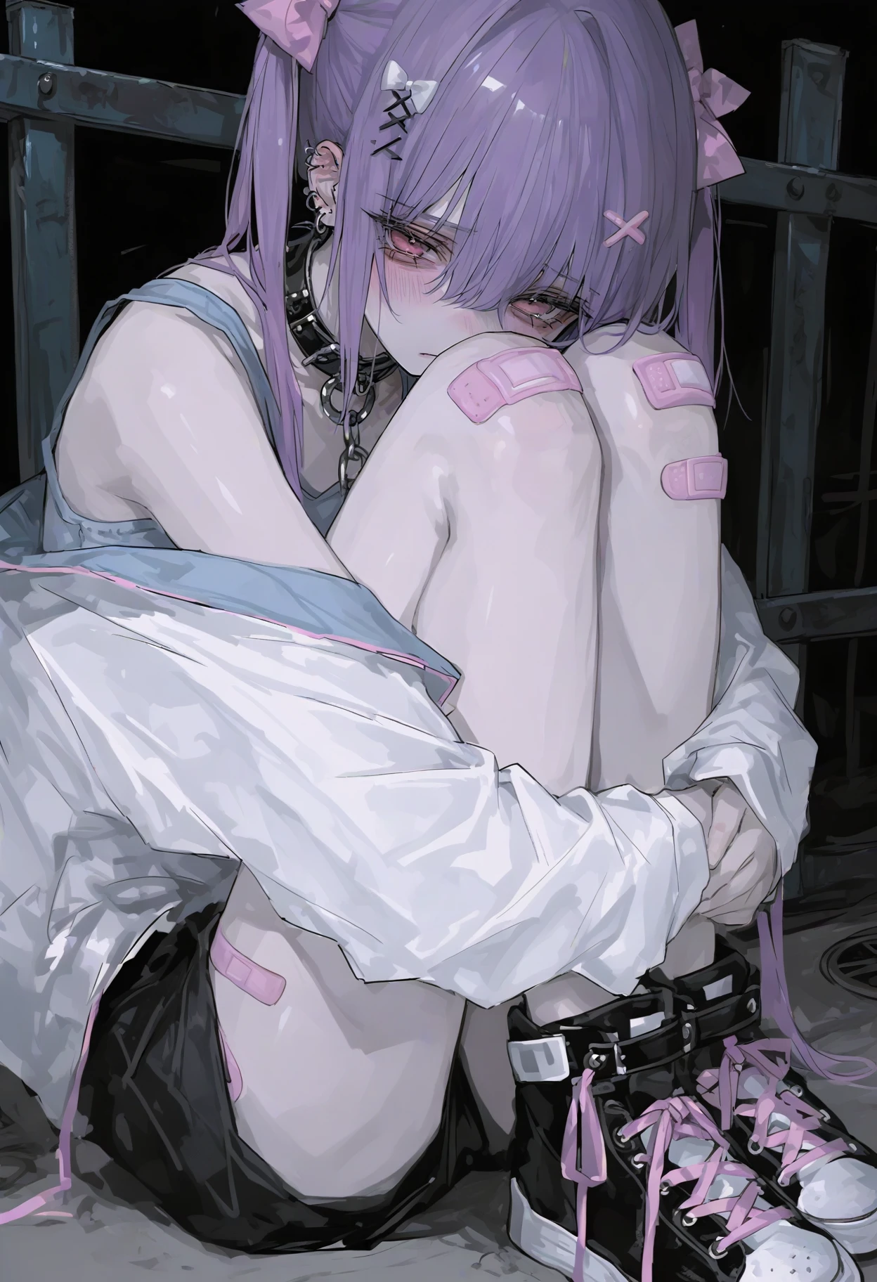 <lora:748cmSDXL:1>, best quality, masterpiece, 748cmstyle, 1girl, purple hair, twintails, hugging own legs, sneakers, choker, bandaid on leg, shoes, white jacket, sitting, bandaid on knee, black shorts, hair bow, pink eyes, blush, ear piercing, off shoulder, blue tank top, hair between eyes, black footwear, knees up, chain, hair ornament, long sleeves, earrings, full body, jewelry, collar, looking at viewer, bare shoulders, sad, short shorts, jacket partially removed, fence