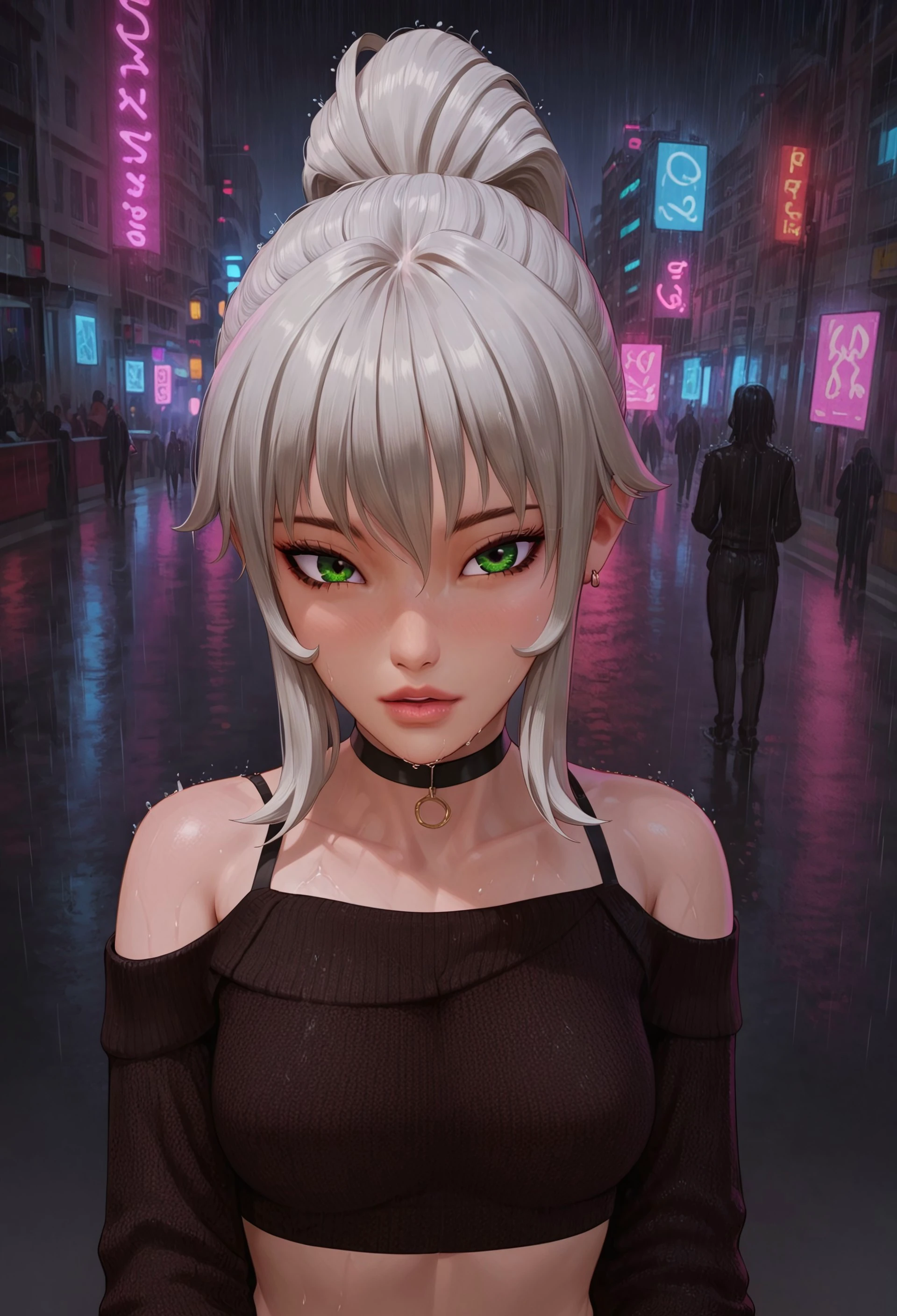 safe_pos, score_9, score_8_up, score_7_up, score_6_up, Expressiveh, blushingelfv2, city, street, 1girl, medium breasts, green eyes, pale skin, white hair, medium hair, bangs, high ponytail, sidelocks, detailed eyes, crop-top, modern city, nightime, raining, light reflected on the wet ground, city lights, neon signs,