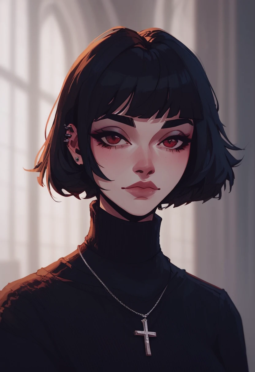 score_9, score_8_up, score_7_up, score_6_up, KWNTN, 1girl, solo, short hair, black hair, jewelry, looking at viewer, necklace, cross, portrait, bangs, red eyes, closed mouth, turtleneck, blurry background, cross necklace, lips, piercing, blurry, bob cut, eyelashes