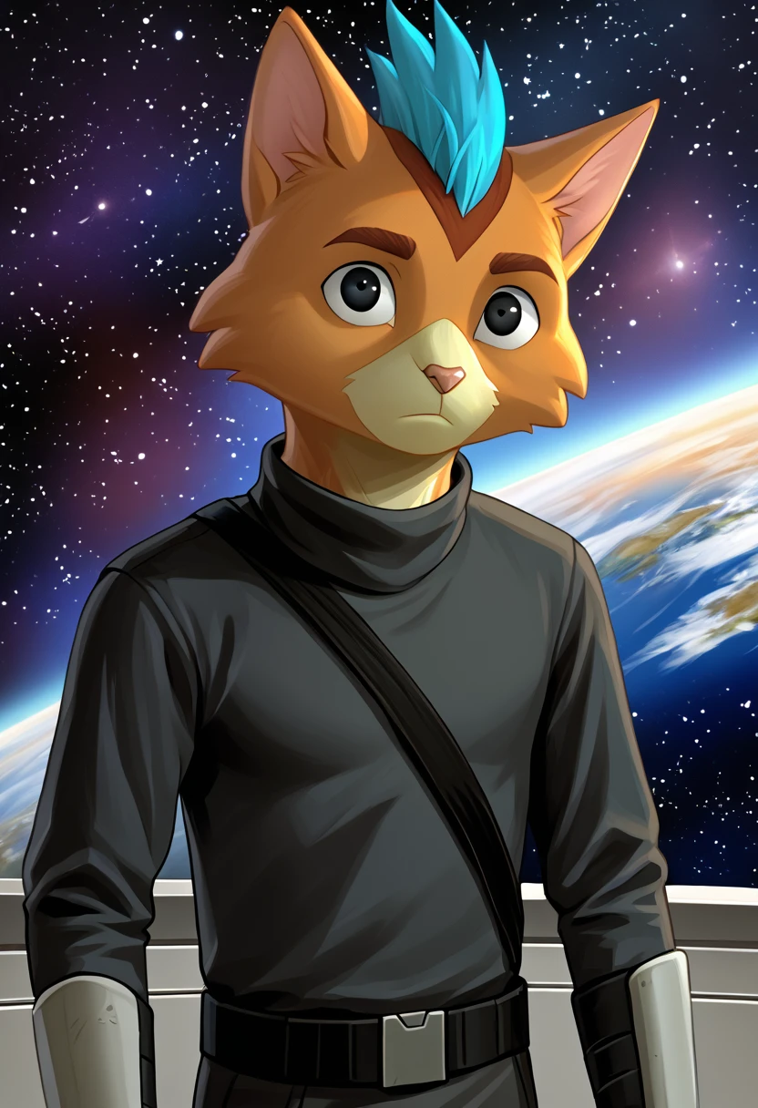 little cato, furry, solo, 1boy, shirt, blue hair, black eyes, detailed background, space station, <lora:Little_Cato_Final_Space:1>