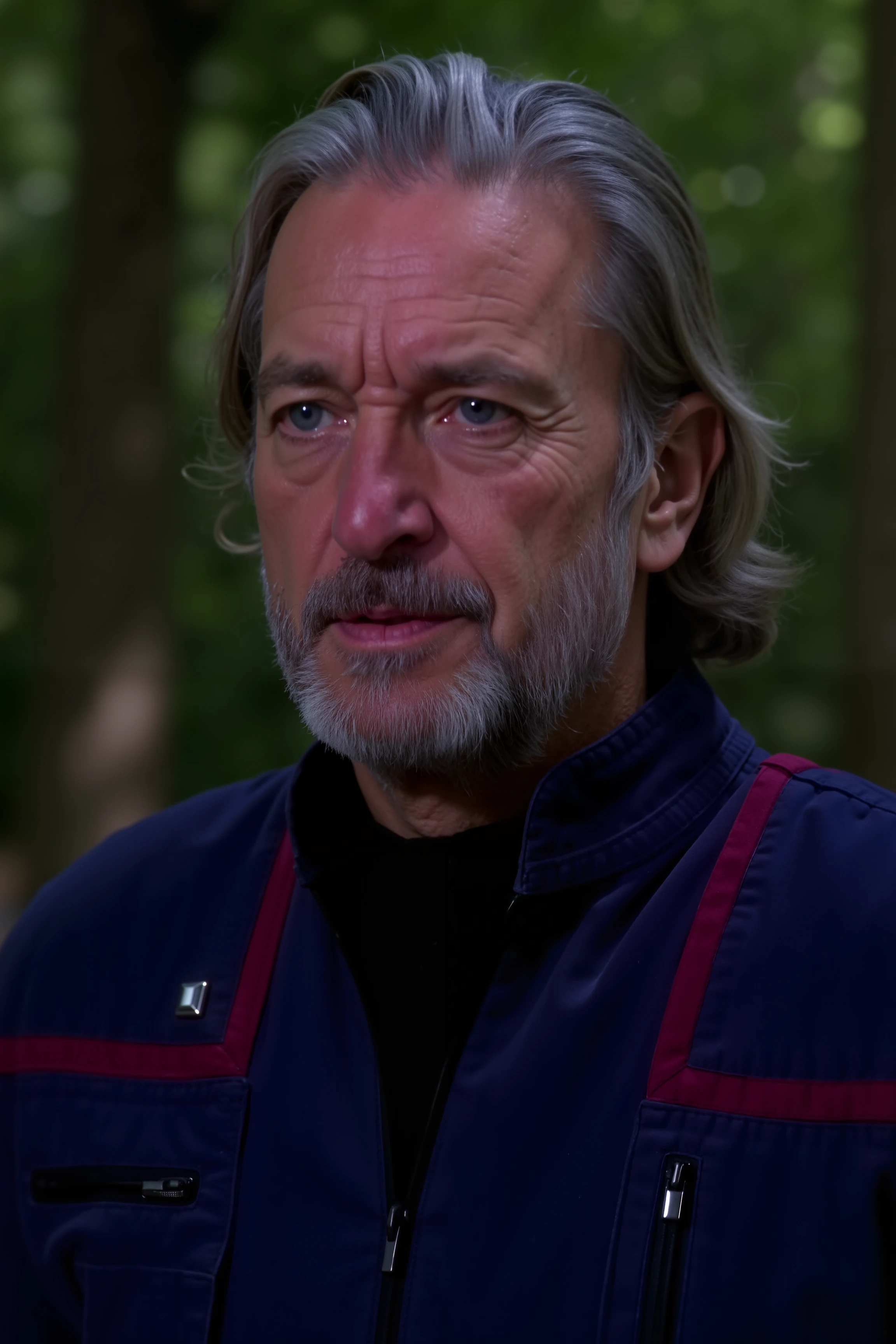 A high-quality, portrait closeup of an old tunisian man with longer hair and beard, dressed in a navy blue stentps uniform with red lines and 2 rankbars,on forest background <lora:STEntps_FLUX:1.2>