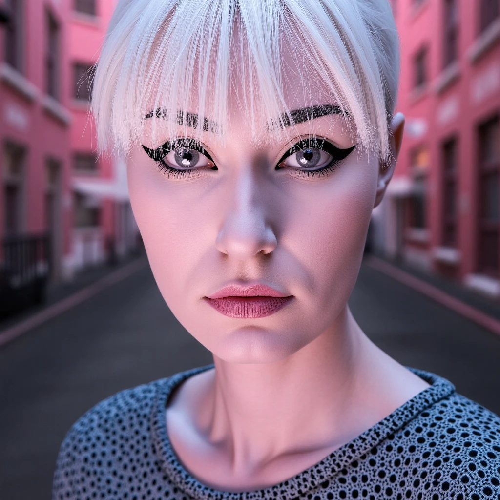 A photorealistic full body shot of a platinum blonde woman, wearing a hipster elegant outfit, in the streets of New york, surreal cold colors and amazing contrasting vibrant colors, filled with diffused pink light filtering through the windows .The shot is captured in a wide-angle with a low perspective, creating a dreamlike contrast between the worlds. Soft pastels and muted grays set the mood. Camera Settings: Captured with a Canon EOS 5D Mark IV, 35mm lens, f/1.8, with a slight bokeh effect in the background to focus on her gaze.,florab,borsif,flobo_art, shot by Flora Borsi xD