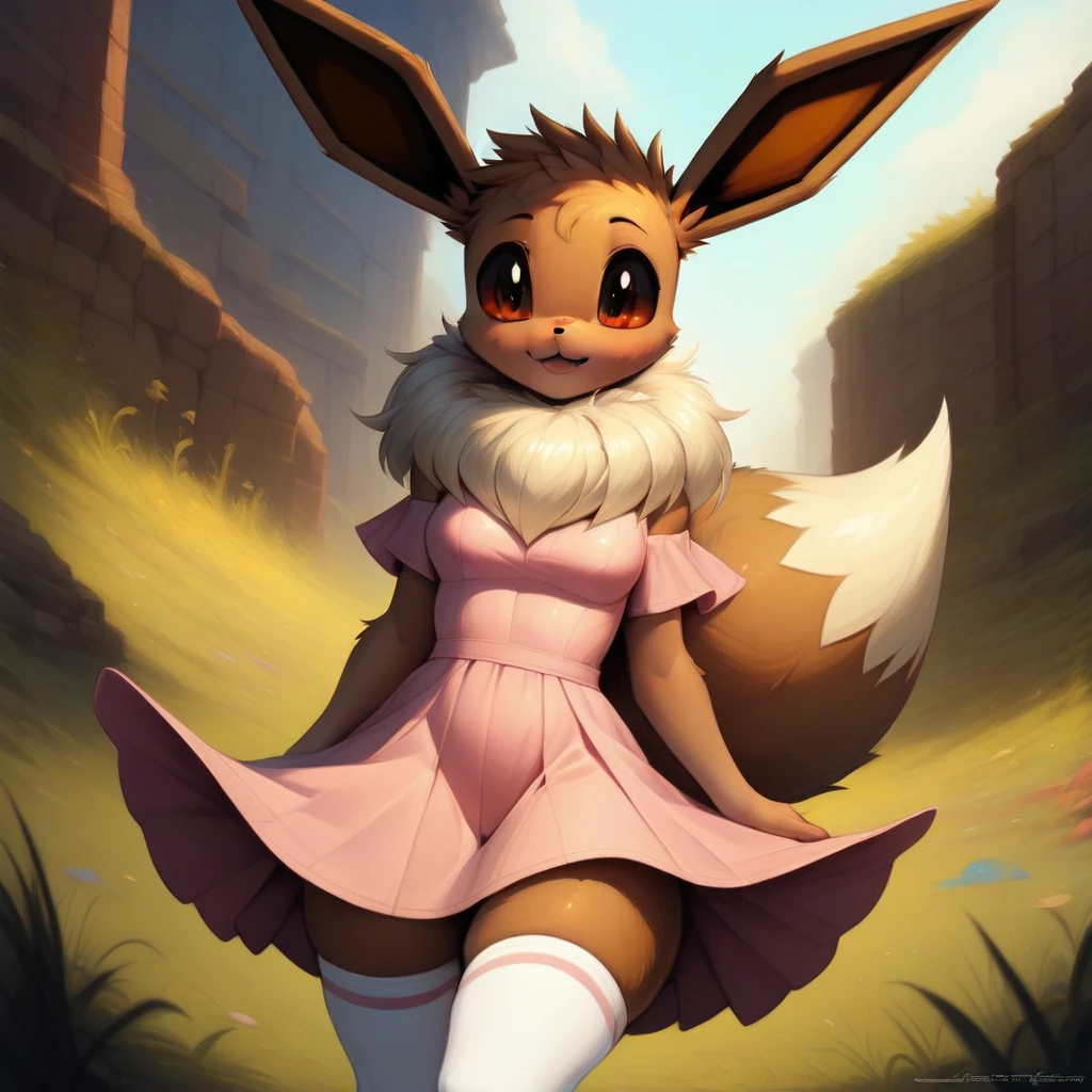 Prompt masterpiece, score_9, score_8_up, score_7_up, solo, (((anthro furry))) (((eevee Pokémon))) wearing white thigh high socks and pink arm socks, cute pink dress, high detailed face, high detailed body high detailed legs,