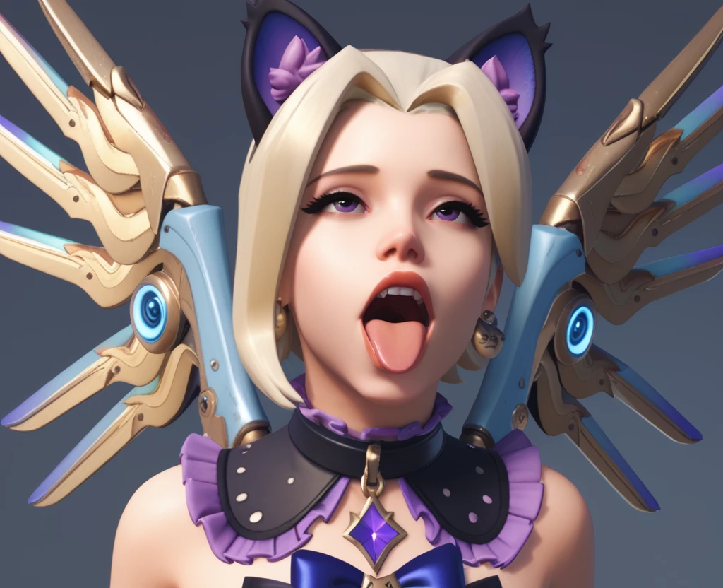 score_9, score_8_up, score_7_up, score_6_up, score_5_up, score_4_up, 3d, realistic, portrait, close up, hand on hips, looking up, tongue out, ahegao, open mouth, <lora:black_cat_Mercy_3.0:0.8>, bcmer, 1girl, blonde hair, cat ears, purple eyes, earrings, short hair, fingerless gloves, frilled gloves, ankle cuffs, shoes, dress, bow, tail, thighhighs, pelvic curtain, collar, strapless, mechanical wings,