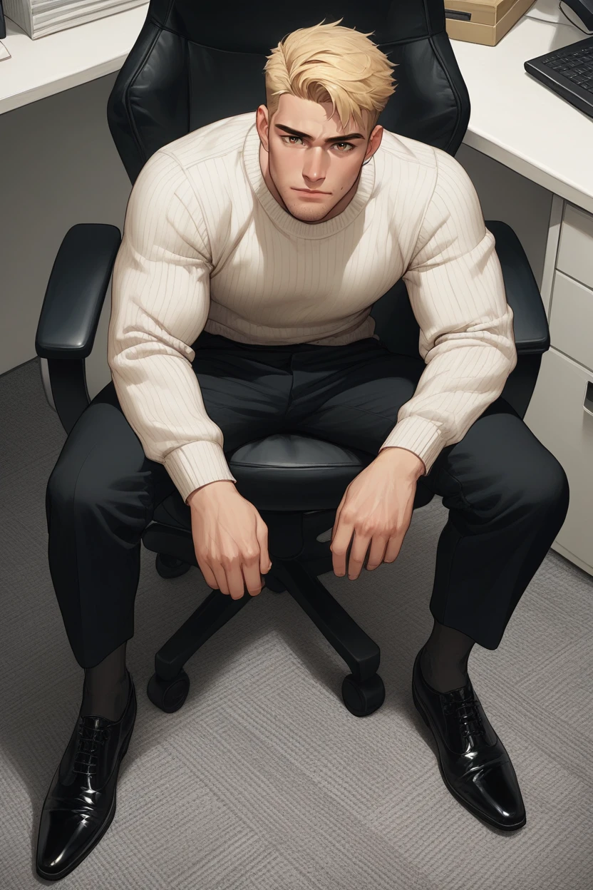 score_9, score_8_up, score_7_up, bara, 1 male , blonde hair , side part hair , stubble, olive eyes) ,oxfords shoes.1 male. solo,full body, sitting on office swivel chair, black pants, white sweater, black footwear, black  sheer socks, hands on own thighs, indoors, from above, 