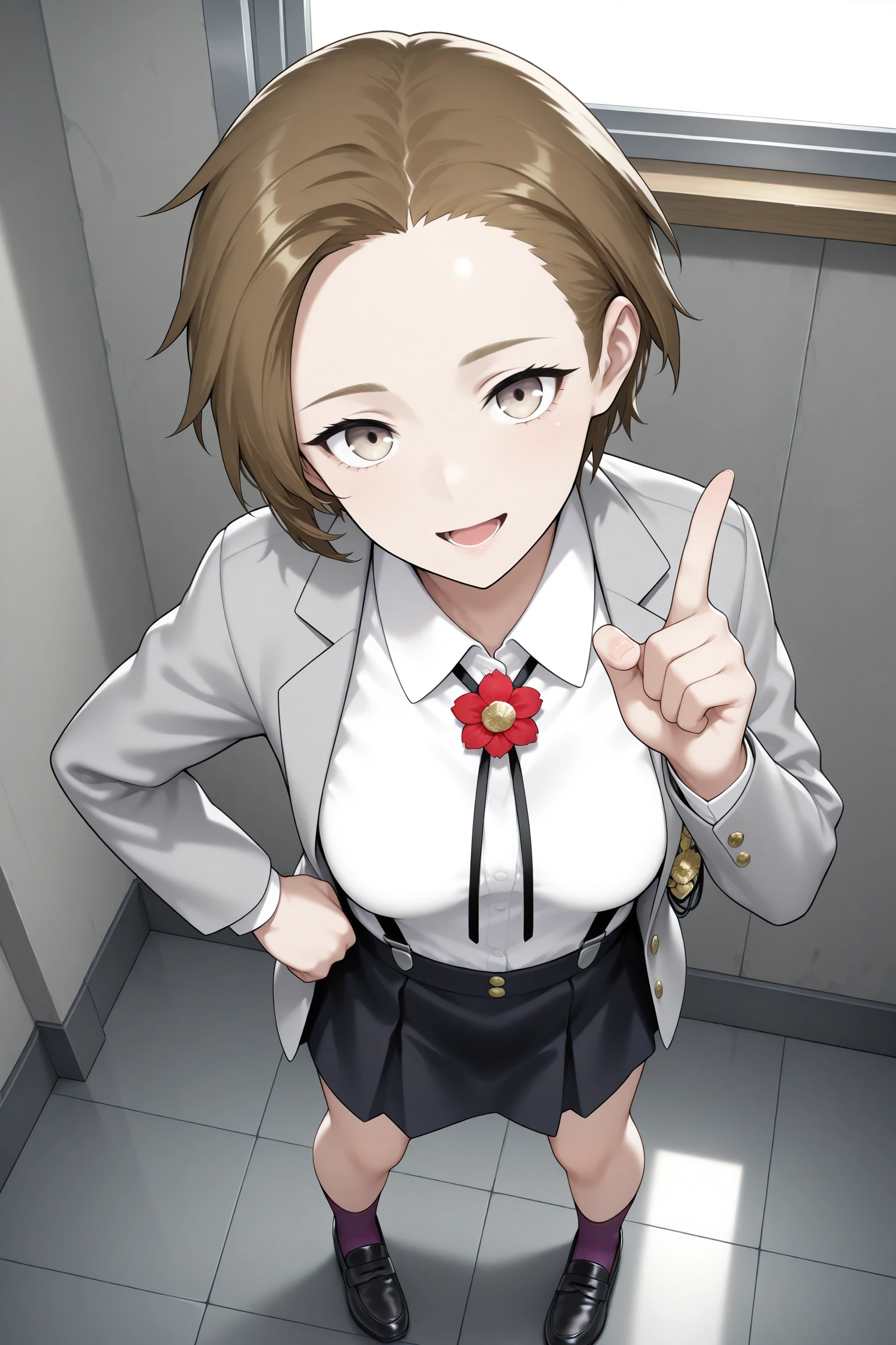 masterpiece, best quality, amazing quality, highres, absurdres, very aesthetic, high resolution, ultra detailed, perfect details, 1girl, indoors, medium breasts, caligula female protagonist, short hair, brown hair, brown eyes, school uniform, long sleeves, grey jacket, open jacket, white shirt, medal, flower, suspenders, black skirt, pleated skirt, miniskirt, purple socks, loafers, <lora:Caligula_Female_Protagonist:0.8>, (full body:0.8), smile, open mouth, kamina pose, index finger raised, hand on own hip, standing