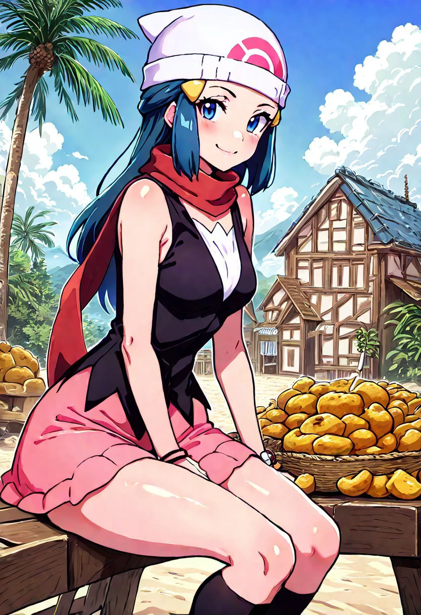masterpiece, best quality, 32k, high resolution, absurdres, medium breasts, (curvy), cute, eyelashes, vivid colors, BREAK, ,,, , ,,, zzDawn, blue hair, blue eyes, sidelocks, long hair, bare shoulders, beanie, black shirt, black socks, bracelet, hat, jewelry, kneehighs, miniskirt, pink skirt, red scarf, scarf, shirt, skirt, sleeveless, sleeveless shirt, white headwear, ,,, , ,,, sitting on bench, side view, smile, looking at viewer, cowboy shot, ,,, zzDelfinoPlaza, sky, day, cloud, blue sky, building, palm tree, small house, small fruit stand, pineapples, coconuts,