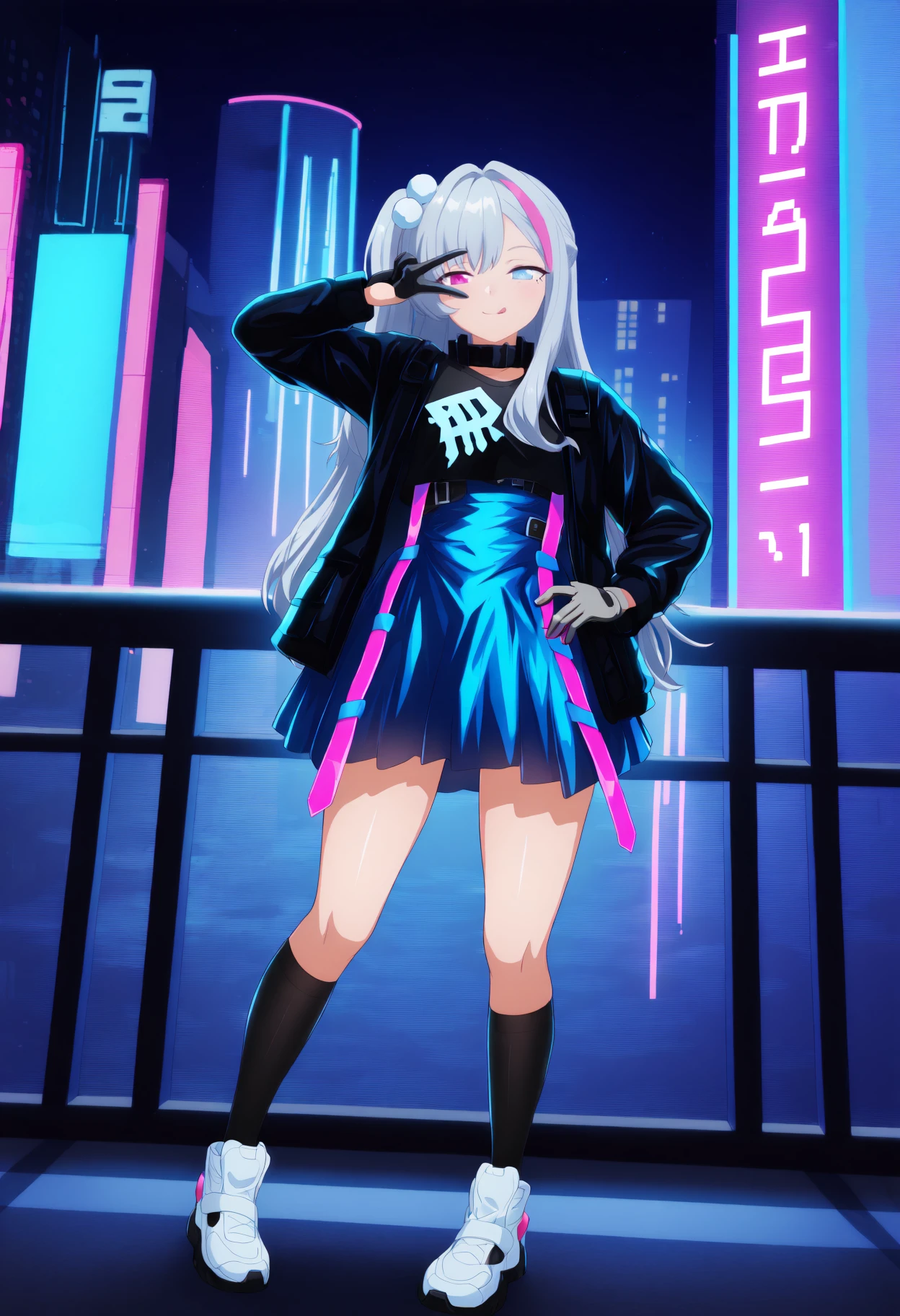 masterpiece, best quality, very aesthetic, absurdres, full body, solo, 1girl, <lora:Kuro (MICAverse):1>, kuro, grey hair, streaked hair, pink hair, heterochromia, pnc, one side up, hair ornament, black collar, black jacket, long sleeves, open jacket, black shirt, crop top, print shirt, clothes writing, blue skirt, pleated skirt, high-waist skirt, belt skirt, purple trim, black knee socks, white sneakers, single glove, two-tone glove, black glove, grey glove, standing, pigeon-toed, hand on own hip, v over eye, smile, smug, closed mouth, tongue out, looking at viewer, facing viewer, cyberpunk, science fiction, city, buildings, night, city lights, neon lights, outdoors, <lora:CleanAnime - [Enchanter] - illustriousXL v1:1>