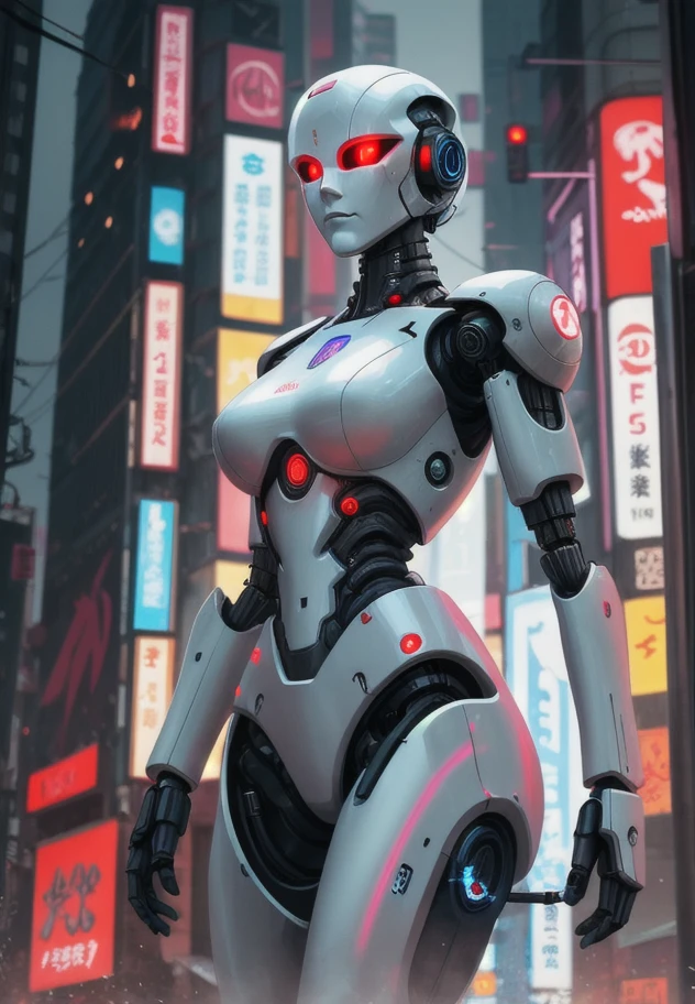 a female, white robot, with glowing eyes, android, white metal body, standing tall, in the middle of cyberpunk Tokyo,