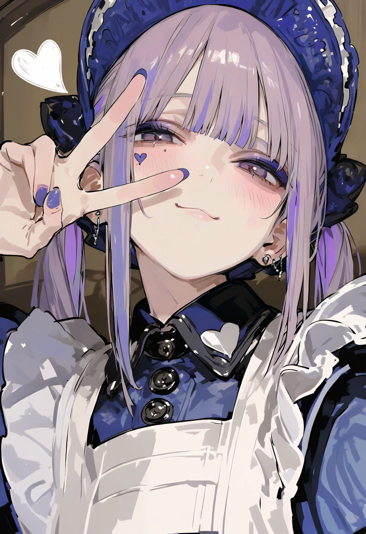 <lora:748cmSDXL:1>, best quality, masterpiece, 748cmstyle, 1girl, heart facial mark, v over eye, nail polish, looking at viewer, purple eyes, purple nails, closed mouth, purple hair, blush, upper body, smile, maid apron, maid headdress, collared dress, white apron, twintails, blunt bangs, jewelry, blue dress, earrings, bonnet, multicolored hair, blue nails, sidelocks, blue headwear, hand up, fingernails