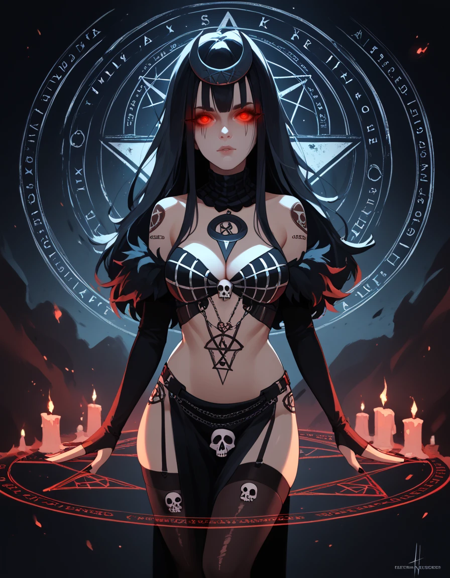 score_9, score_8_up, score_7_up, score_6_up, 3nch4ntr3ss, 1girl, solo, breasts, black hair, red eyes, thighhighs, cleavage, tattoo, glowing, glowing eyes, skull, magic circle, pentagram, hexagram, <lora:Enchantress-Pony_v1.0-step00000400:1>